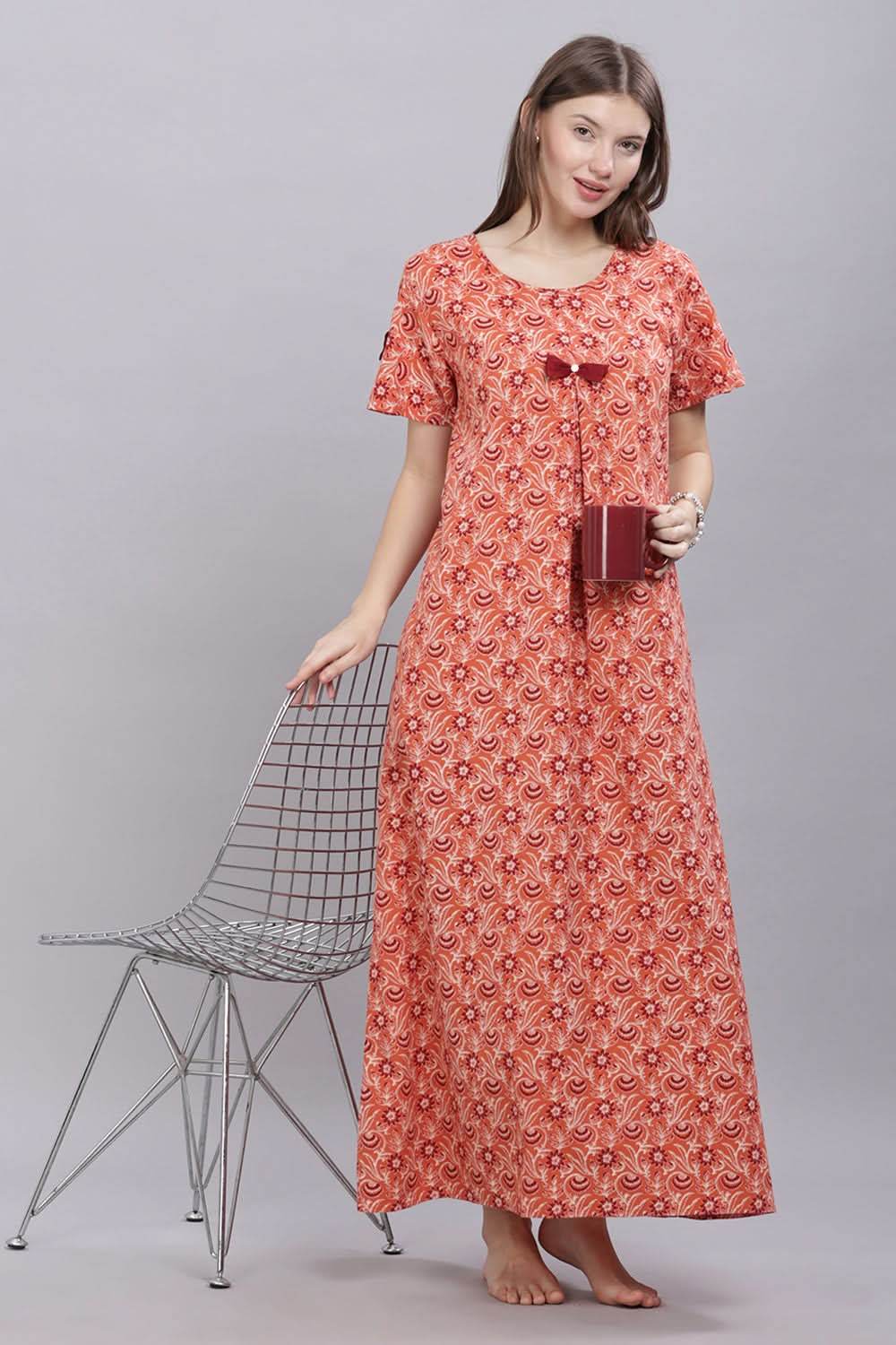 Naidu Hall Round Neck Short Sleeves 100% Cotton Printed with Box pleat Women's Nighty - Rust - T421 - Naidu Hall Family Store