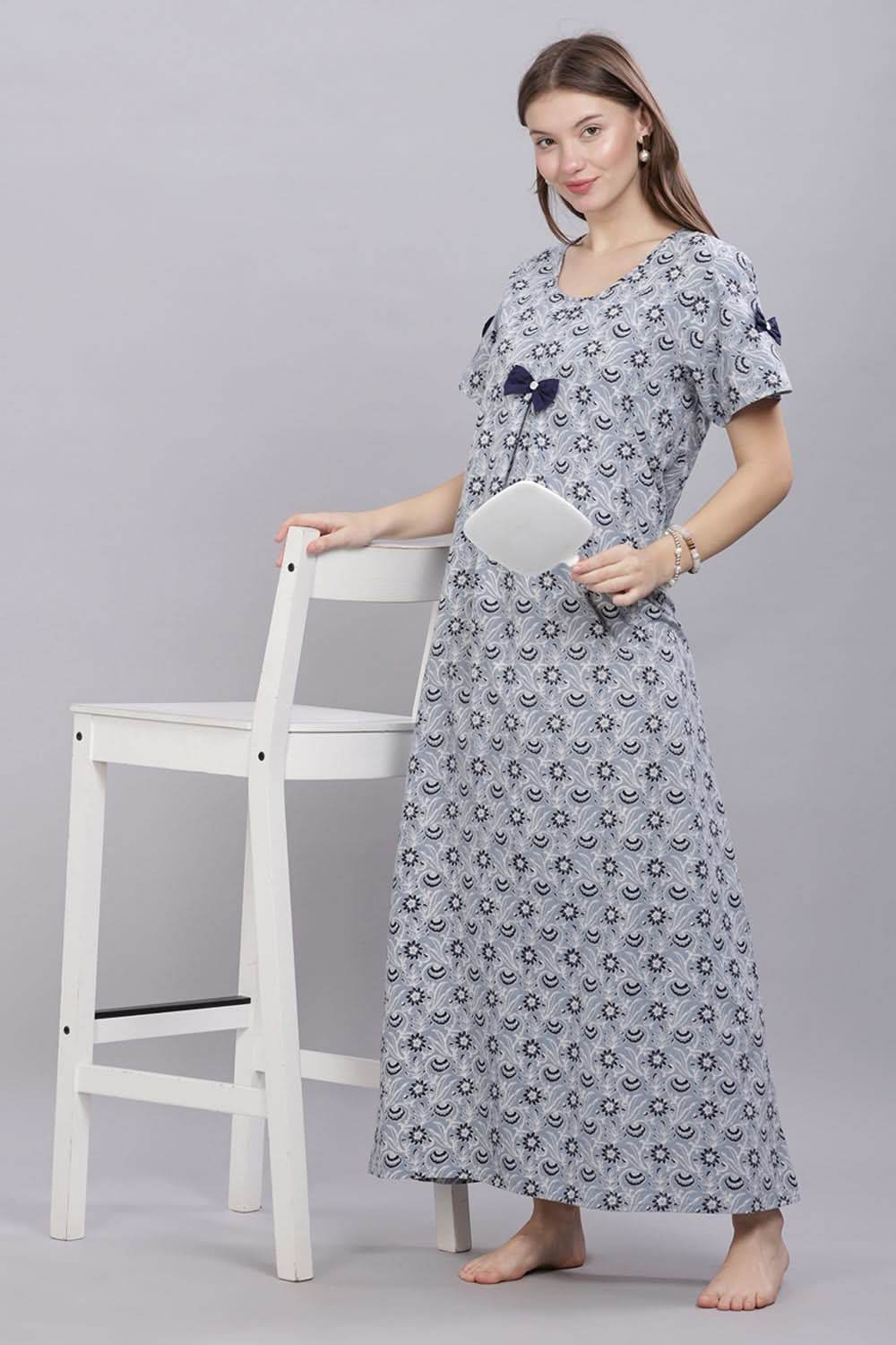 Naidu Hall Round Neck Short Sleeves 100% Cotton Printed with Box pleat Women's Nighty - Grey - T419 - Naidu Hall Family Store