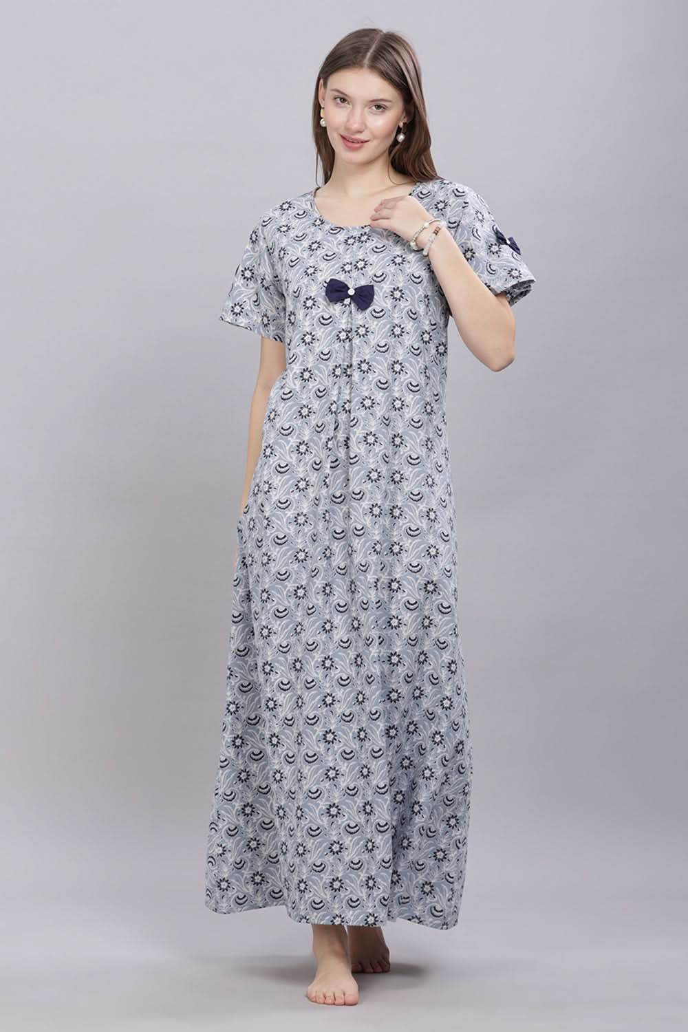 Naidu Hall Round Neck Short Sleeves 100% Cotton Printed with Box pleat Women's Nighty - Grey - T419 - Naidu Hall Family Store