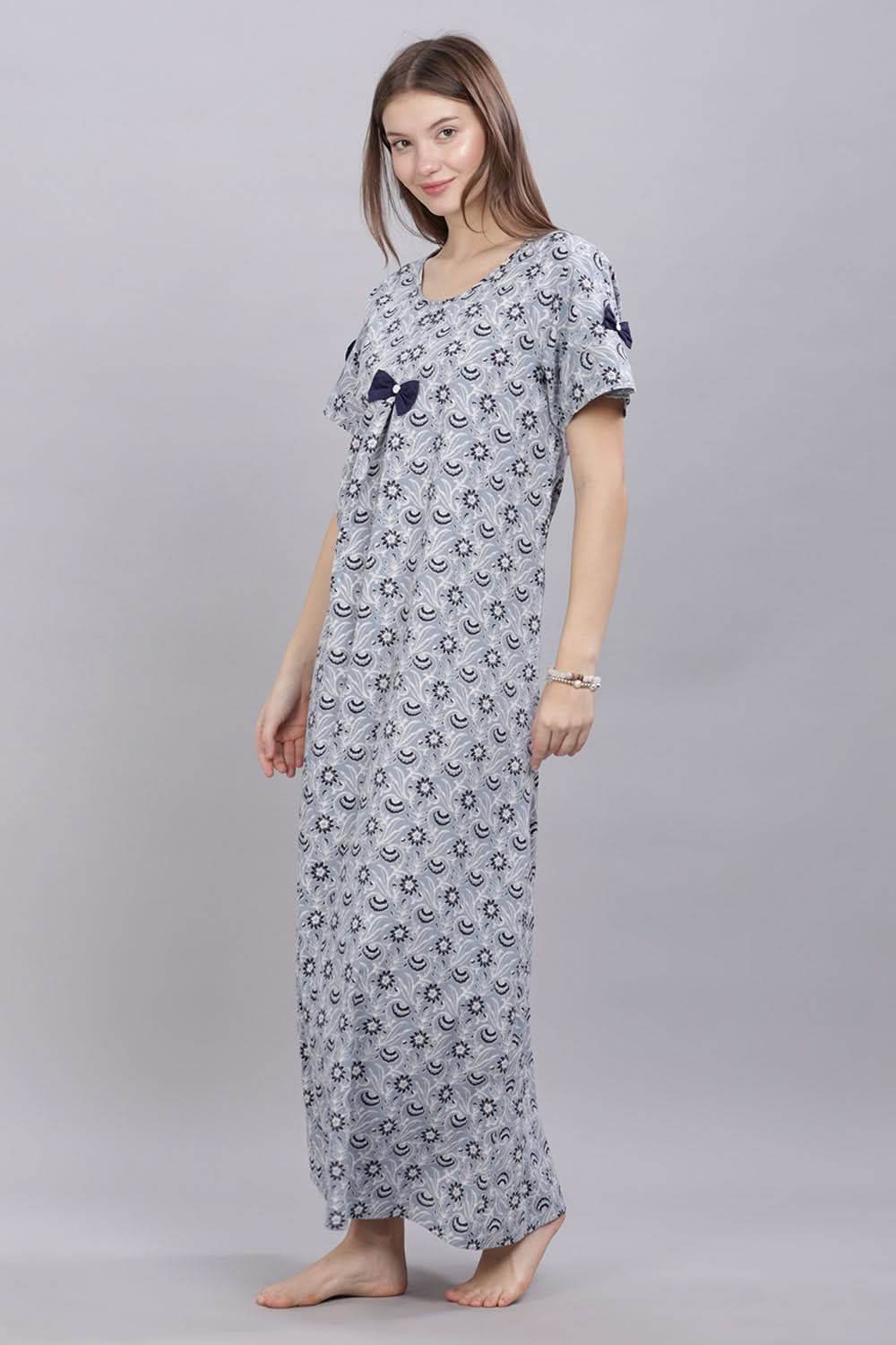 Naidu Hall Round Neck Short Sleeves 100% Cotton Printed with Box pleat Women's Nighty - Grey - T419 - Naidu Hall Family Store
