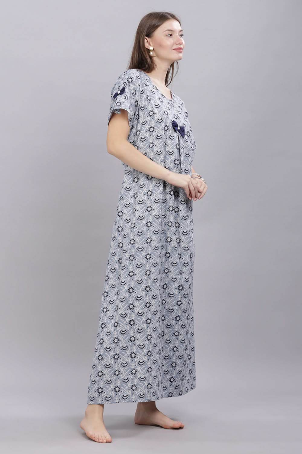 Naidu Hall Round Neck Short Sleeves 100% Cotton Printed with Box pleat Women's Nighty - Grey - T419 - Naidu Hall Family Store