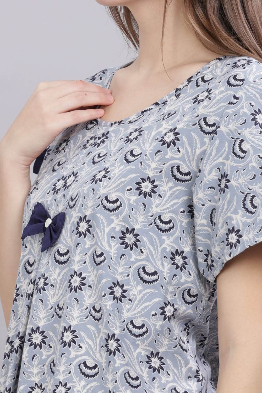Naidu Hall Round Neck Short Sleeves 100% Cotton Printed with Box pleat Women's Nighty - Grey - T419 - Naidu Hall Family Store