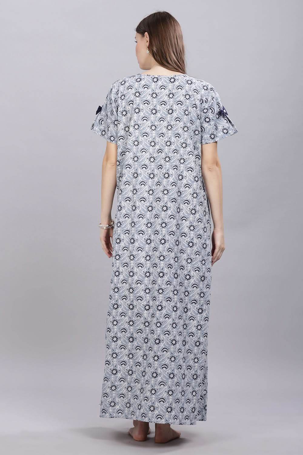 Naidu Hall Round Neck Short Sleeves 100% Cotton Printed with Box pleat Women's Nighty - Grey - T419 - Naidu Hall Family Store