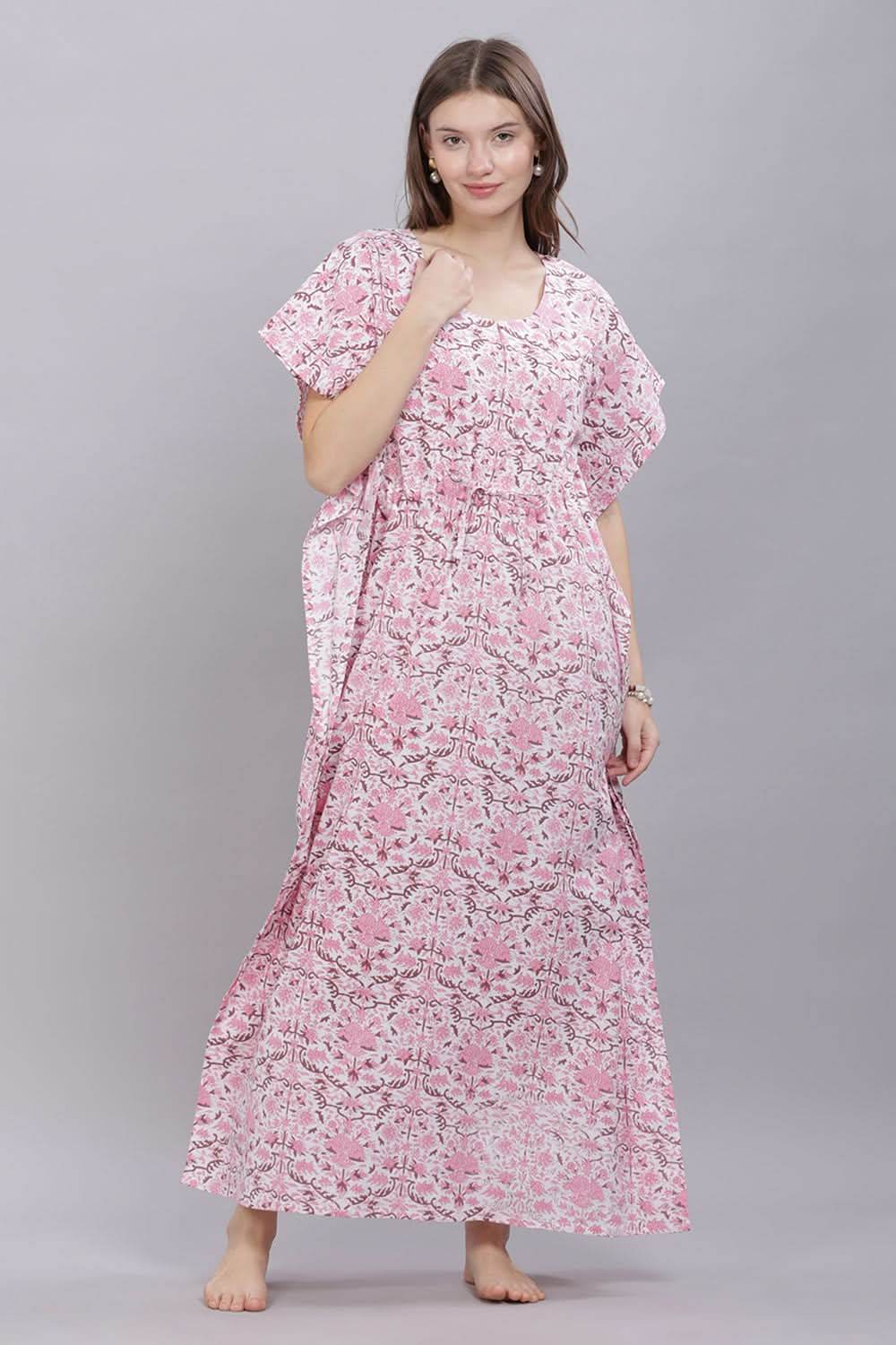 Naidu Hall Round Neck Kaftan Sleeves 100% Cotton Printed Kaftan Women's Nighty - Pink - T401 - Naidu Hall Family Store