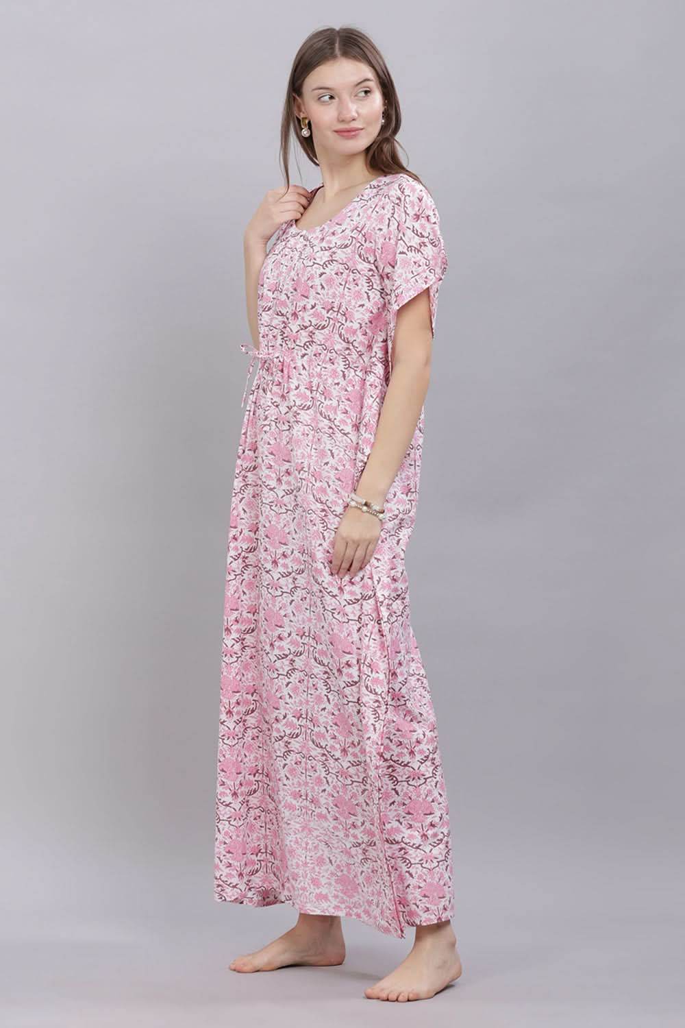 Naidu Hall Round Neck Kaftan Sleeves 100% Cotton Printed Kaftan Women's Nighty - Pink - T401 - Naidu Hall Family Store
