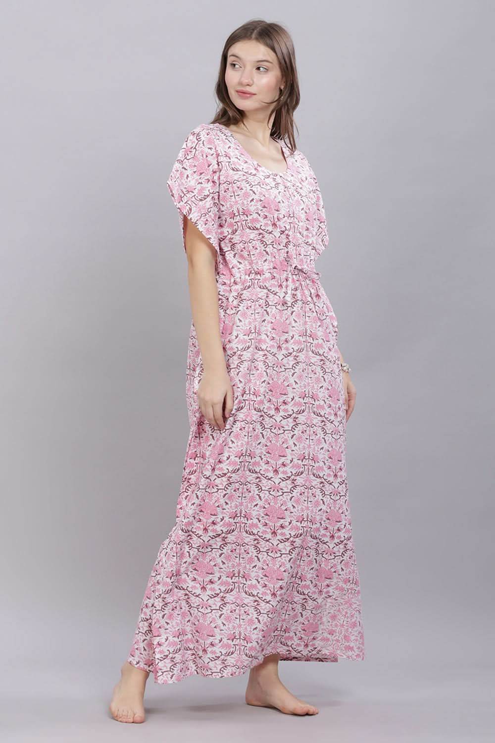 Naidu Hall Round Neck Kaftan Sleeves 100% Cotton Printed Kaftan Women's Nighty - Pink - T401 - Naidu Hall Family Store