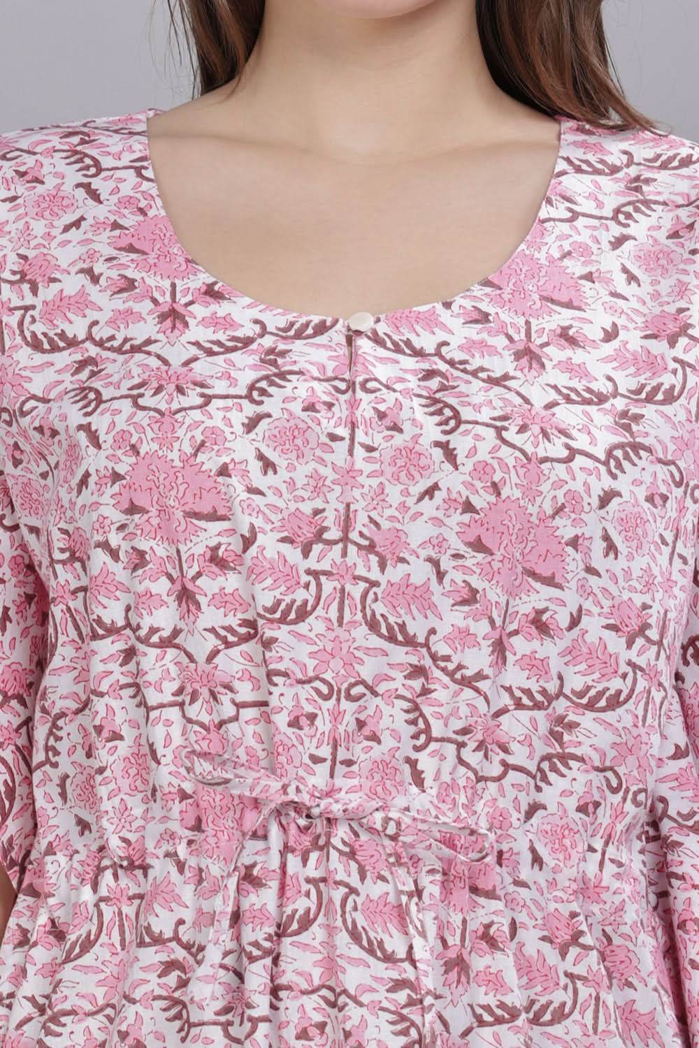 Naidu Hall Round Neck Kaftan Sleeves 100% Cotton Printed Kaftan Women's Nighty - Pink - T401 - Naidu Hall Family Store