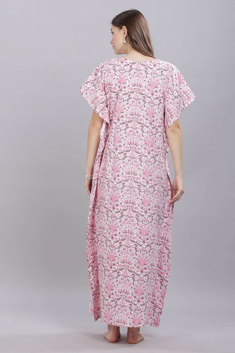 Naidu Hall Round Neck Kaftan Sleeves 100% Cotton Printed Kaftan Women's Nighty - Pink - T401 - Naidu Hall Family Store