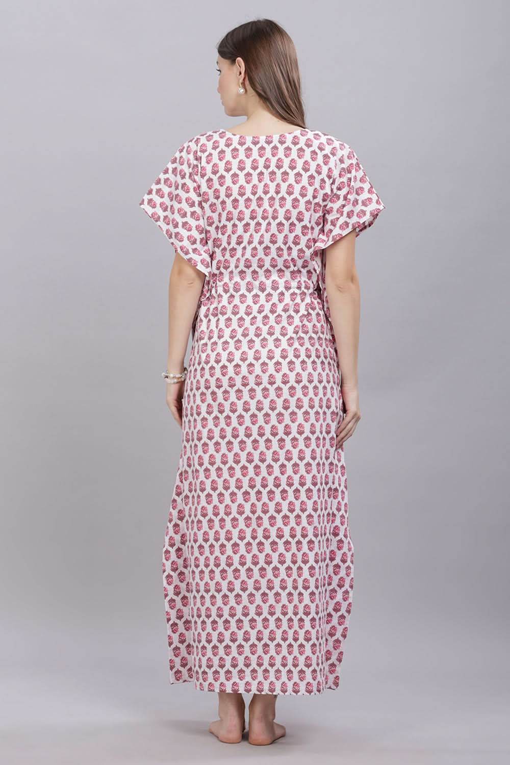 Naidu Hall Round Neck Kaftan Sleeves 100% Cotton Printed Kaftan Women's Nighty - White - T402 - Naidu Hall Family Store