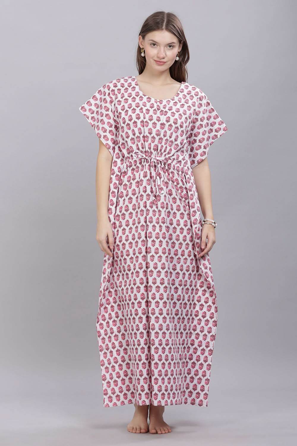 Naidu Hall Round Neck Kaftan Sleeves 100% Cotton Printed Kaftan Women's Nighty - White - T402 - Naidu Hall Family Store
