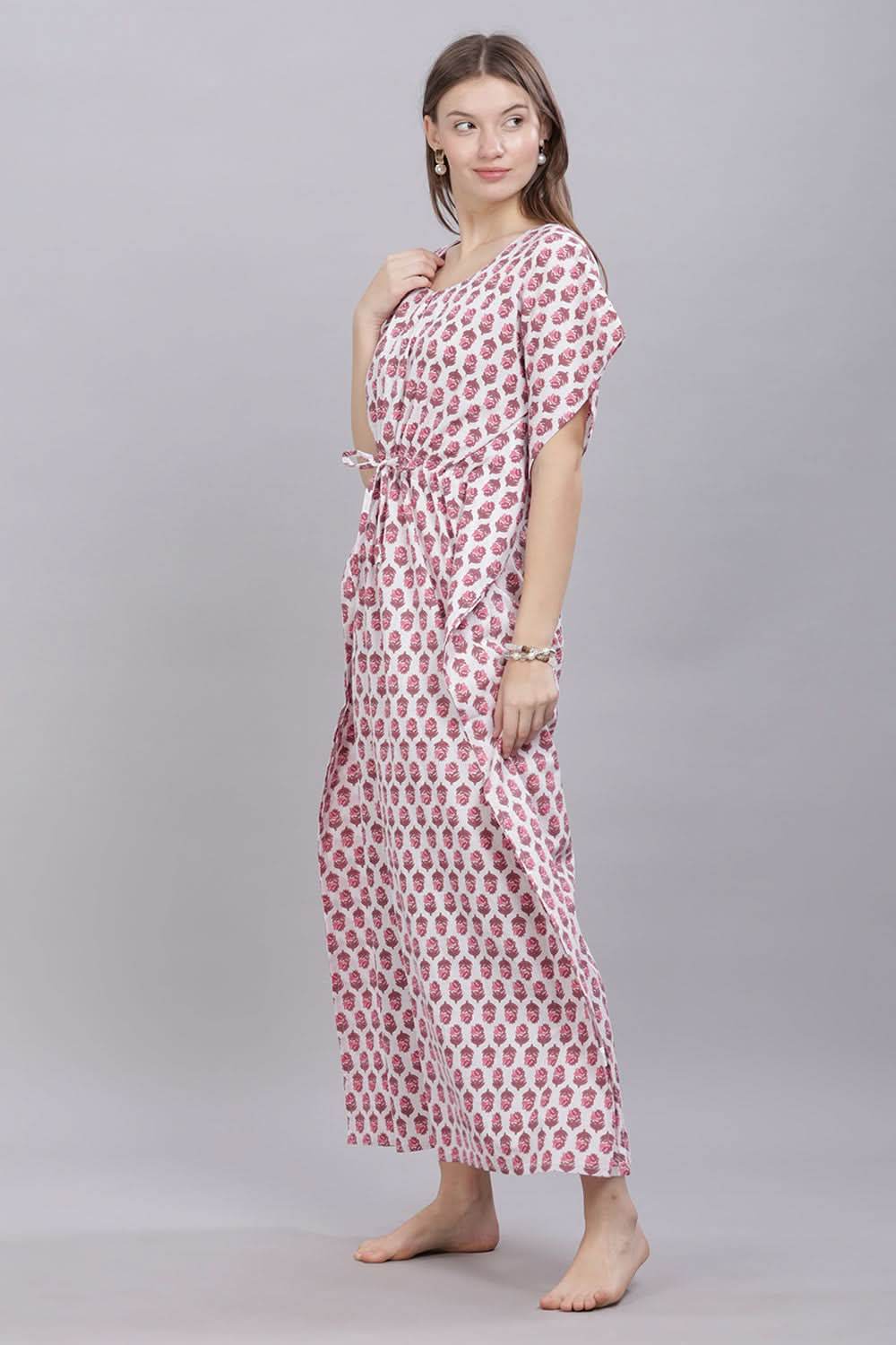 Naidu Hall Round Neck Kaftan Sleeves 100% Cotton Printed Kaftan Women's Nighty - White - T402 - Naidu Hall Family Store