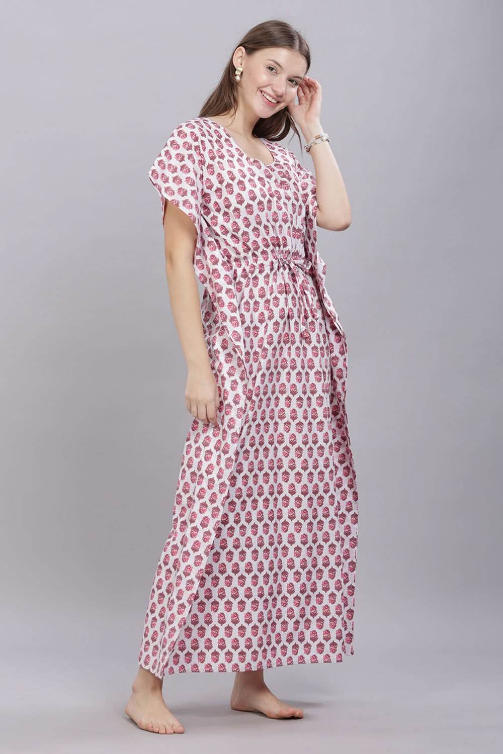 Naidu Hall Round Neck Kaftan Sleeves 100% Cotton Printed Kaftan Women's Nighty - White - T402 - Naidu Hall Family Store