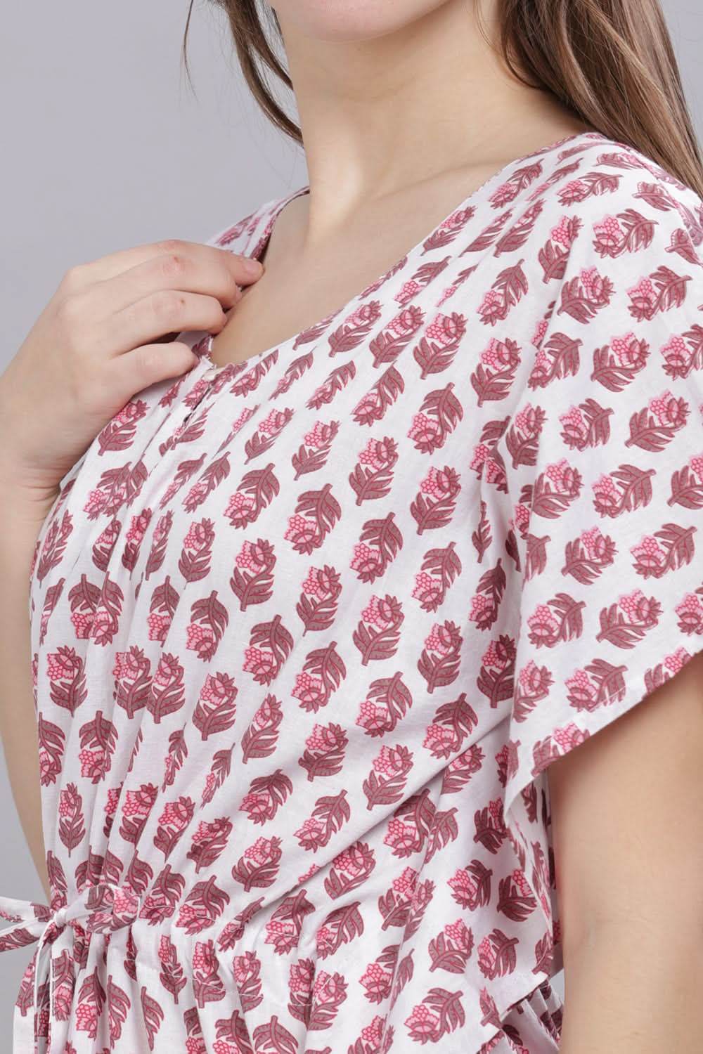 Naidu Hall Round Neck Kaftan Sleeves 100% Cotton Printed Kaftan Women's Nighty - White - T402 - Naidu Hall Family Store