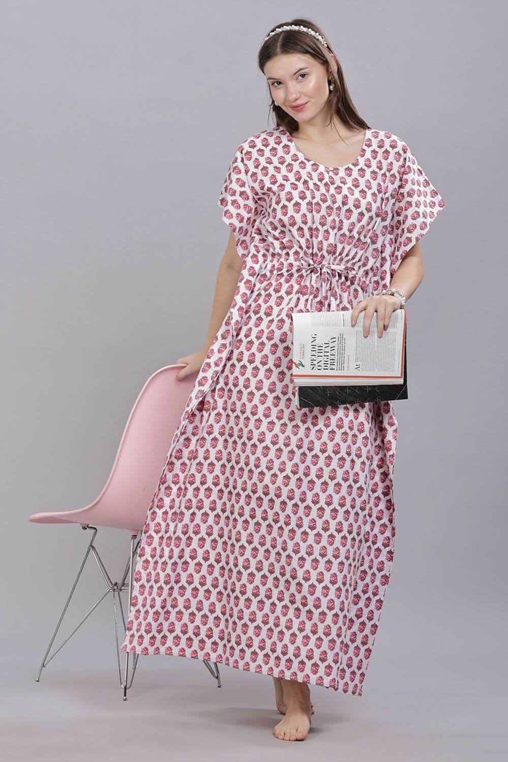 Naidu Hall Round Neck Kaftan Sleeves 100% Cotton Printed Kaftan Women's Nighty - White - T402 - Naidu Hall Family Store