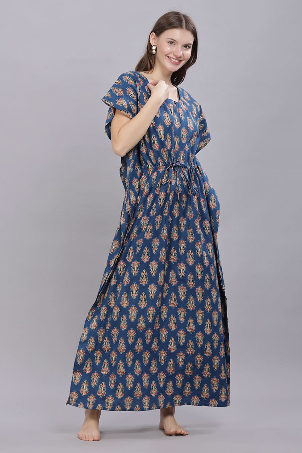 Naidu Hall Round Neck Kaftan Sleeves 100% Cotton Printed Kaftan Women's Nighty - Blue - T403