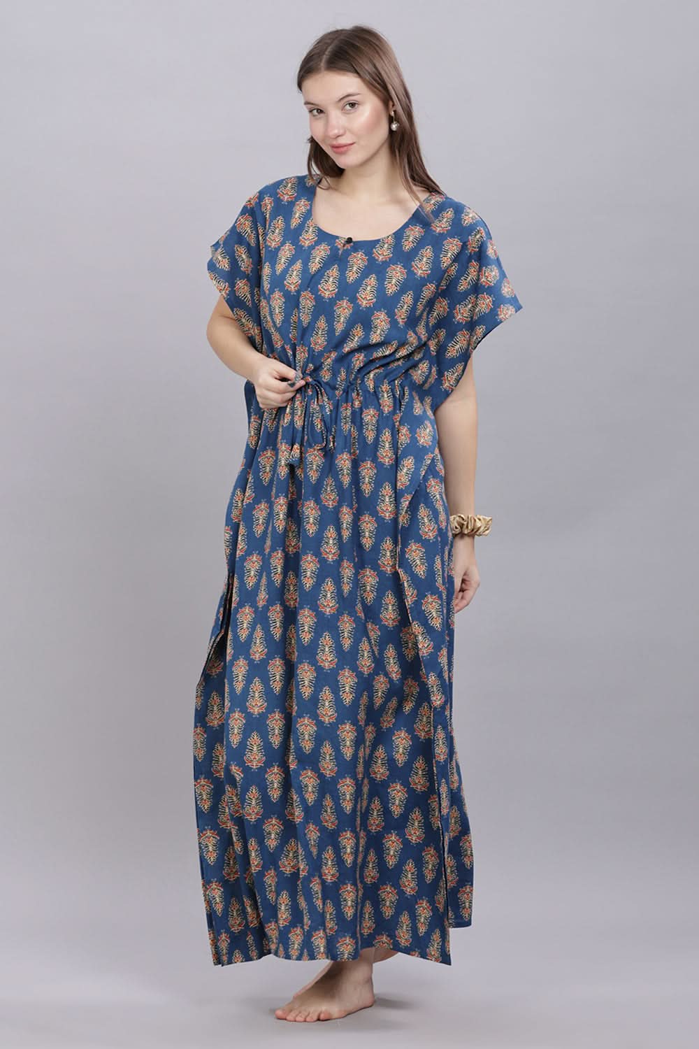 Naidu Hall Round Neck Kaftan Sleeves 100% Cotton Printed Kaftan Women's Nighty - Blue - T403