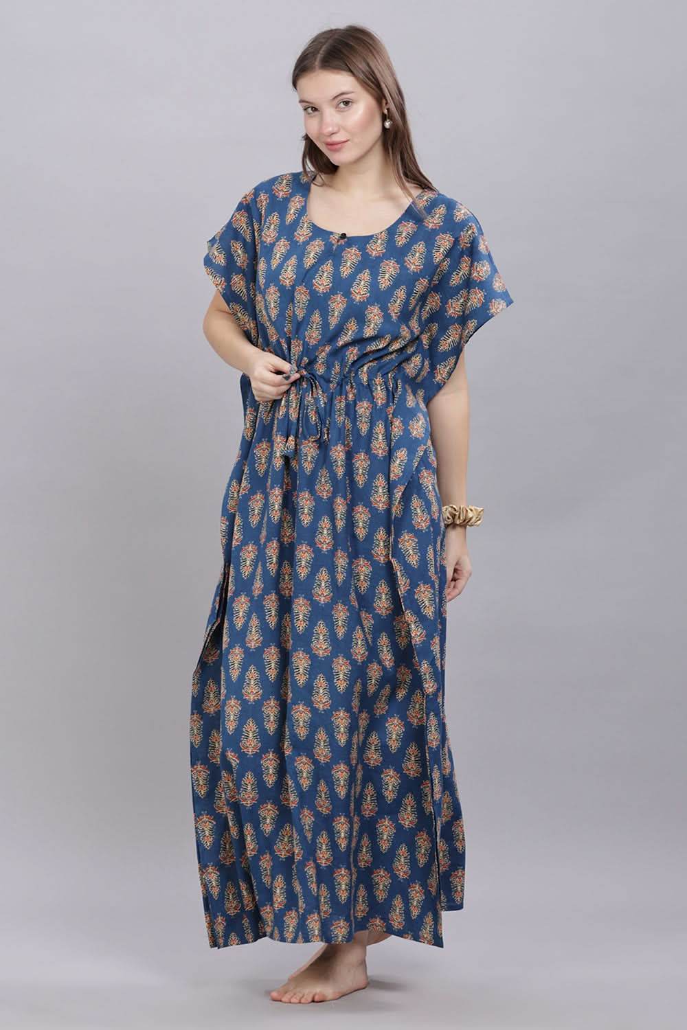 Naidu Hall Round Neck Kaftan Sleeves 100% Cotton Printed Kaftan Women's Nighty - Blue - T403 - Naidu Hall Family Store