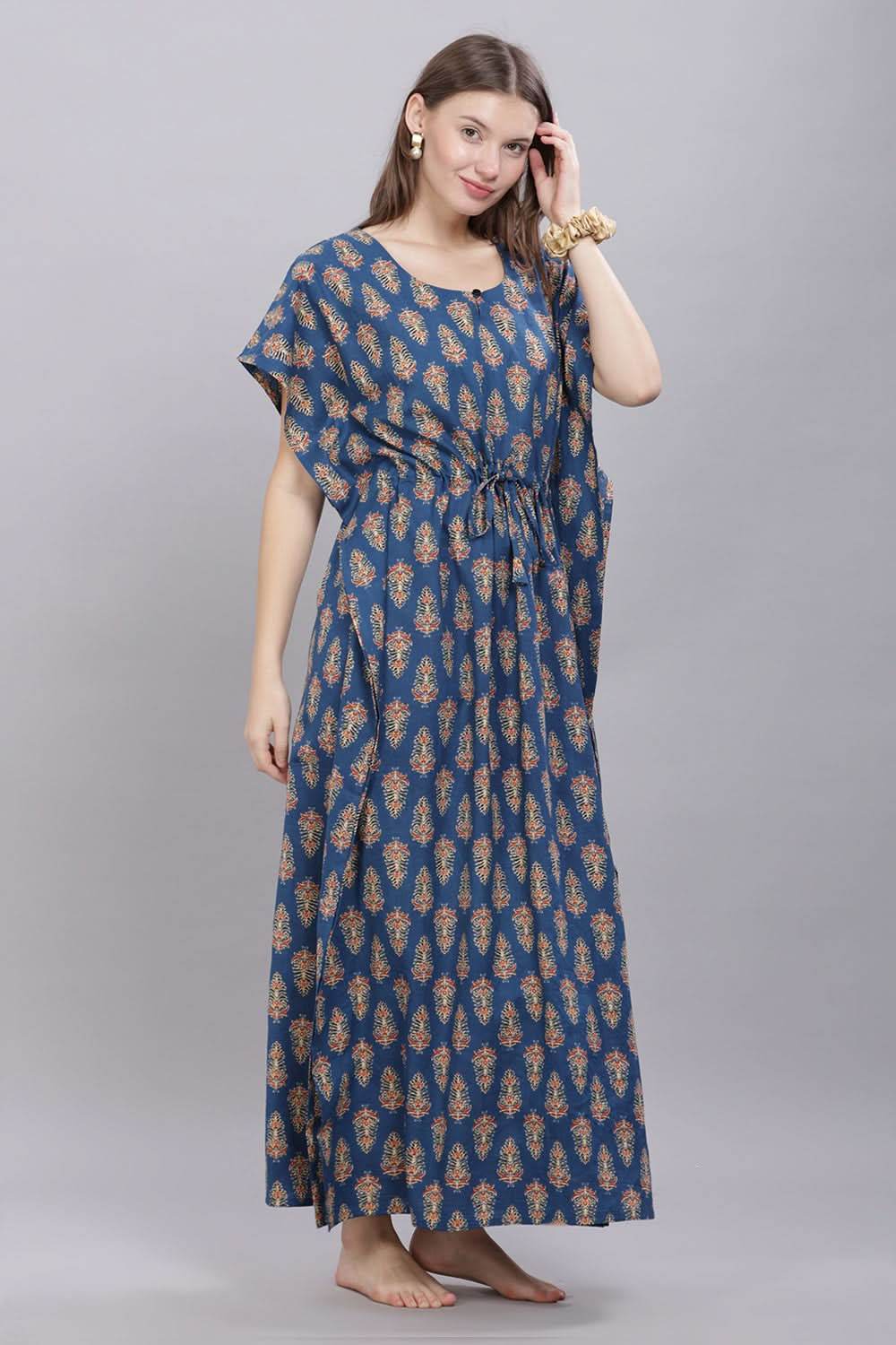 Naidu Hall Round Neck Kaftan Sleeves 100% Cotton Printed Kaftan Women's Nighty - Blue - T403 - Naidu Hall Family Store