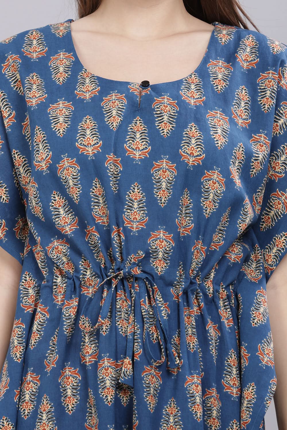 Naidu Hall Round Neck Kaftan Sleeves 100% Cotton Printed Kaftan Women's Nighty - Blue - T403