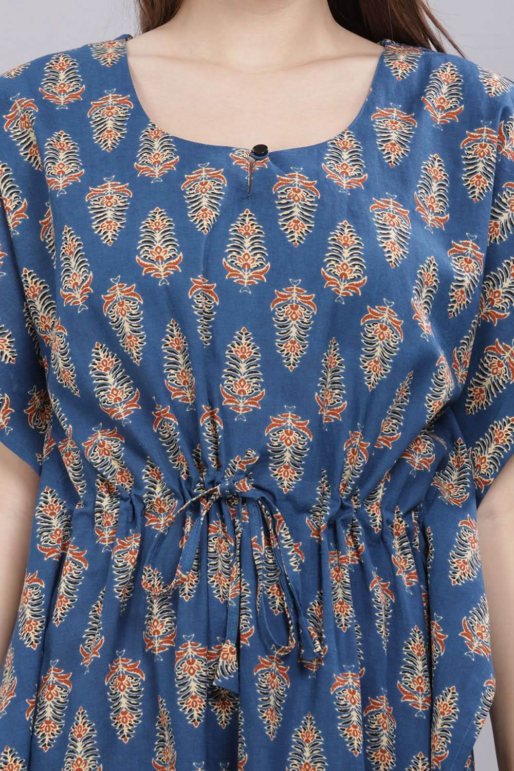 Naidu Hall Round Neck Kaftan Sleeves 100% Cotton Printed Kaftan Women's Nighty - Blue - T403 - Naidu Hall Family Store
