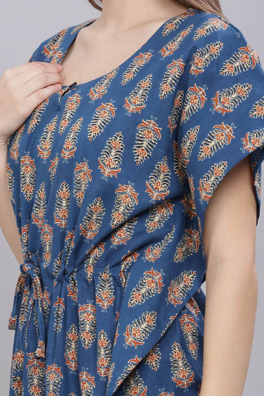 Naidu Hall Round Neck Kaftan Sleeves 100% Cotton Printed Kaftan Women's Nighty - Blue - T403 - Naidu Hall Family Store