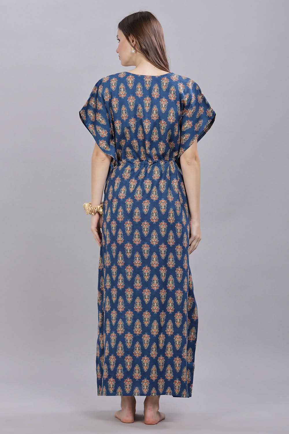 Naidu Hall Round Neck Kaftan Sleeves 100% Cotton Printed Kaftan Women's Nighty - Blue - T403