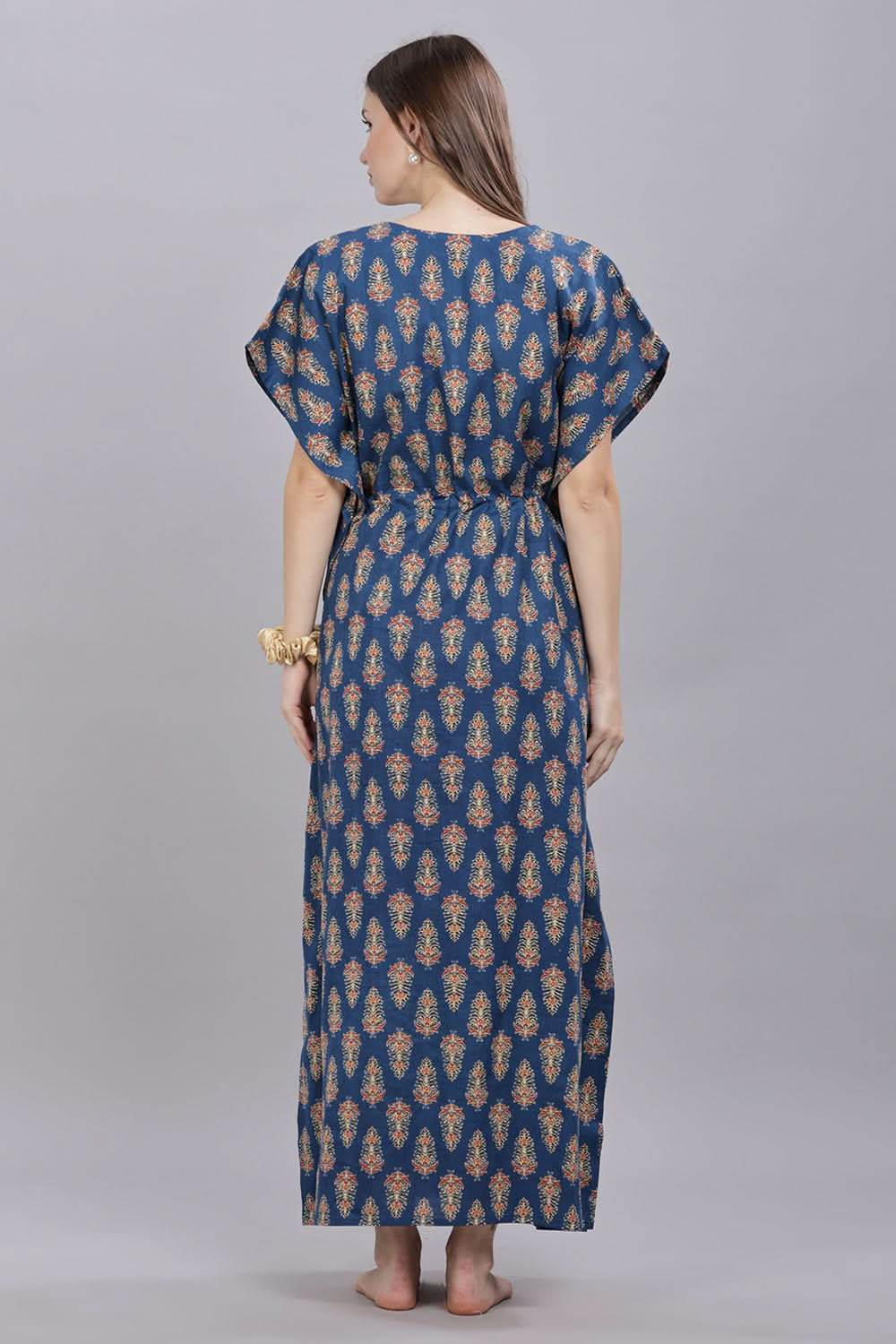 Naidu Hall Round Neck Kaftan Sleeves 100% Cotton Printed Kaftan Women's Nighty - Blue - T403 - Naidu Hall Family Store