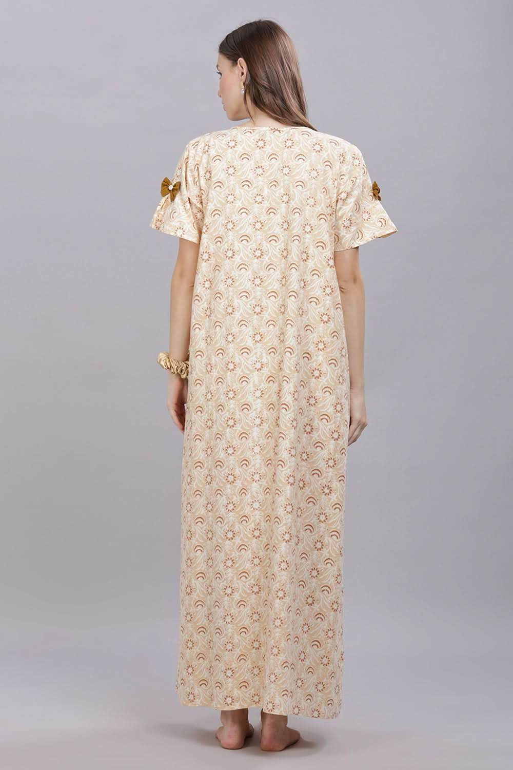 Naidu Hall Round Neck Short Sleeves 100% Cotton Printed with Box pleat Women's Nighty - Cream - T420 - Naidu Hall Family Store
