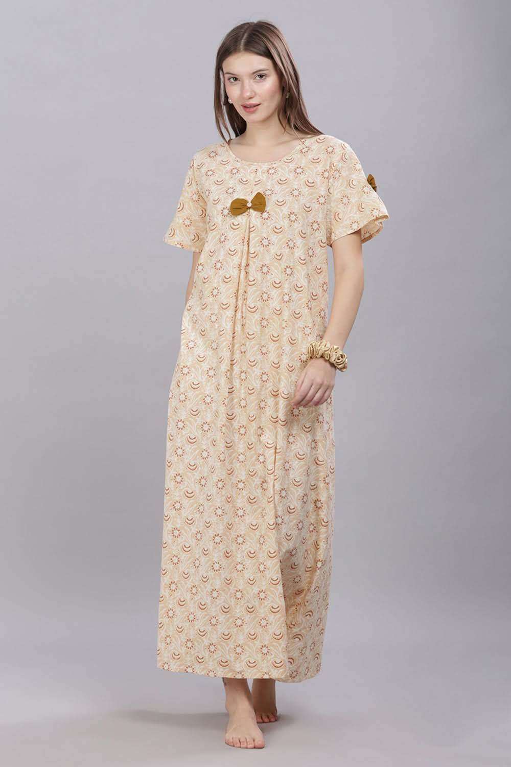 Naidu Hall Round Neck Short Sleeves 100% Cotton Printed with Box pleat Women's Nighty - Cream - T420 - Naidu Hall Family Store