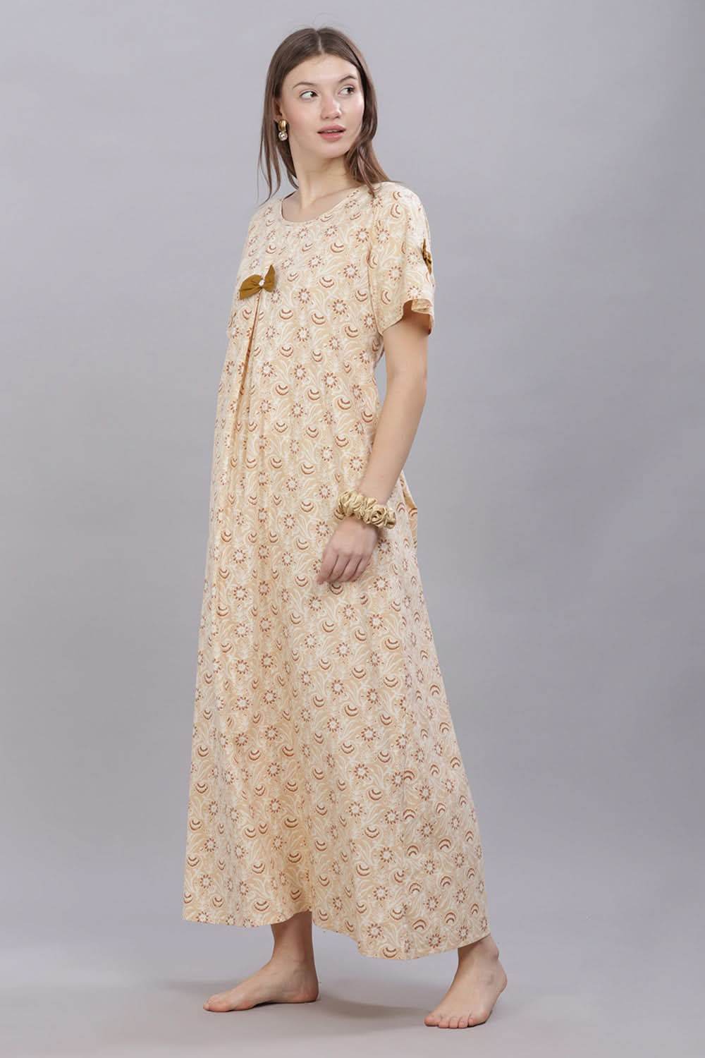 Naidu Hall Round Neck Short Sleeves 100% Cotton Printed with Box pleat Women's Nighty - Cream - T420 - Naidu Hall Family Store