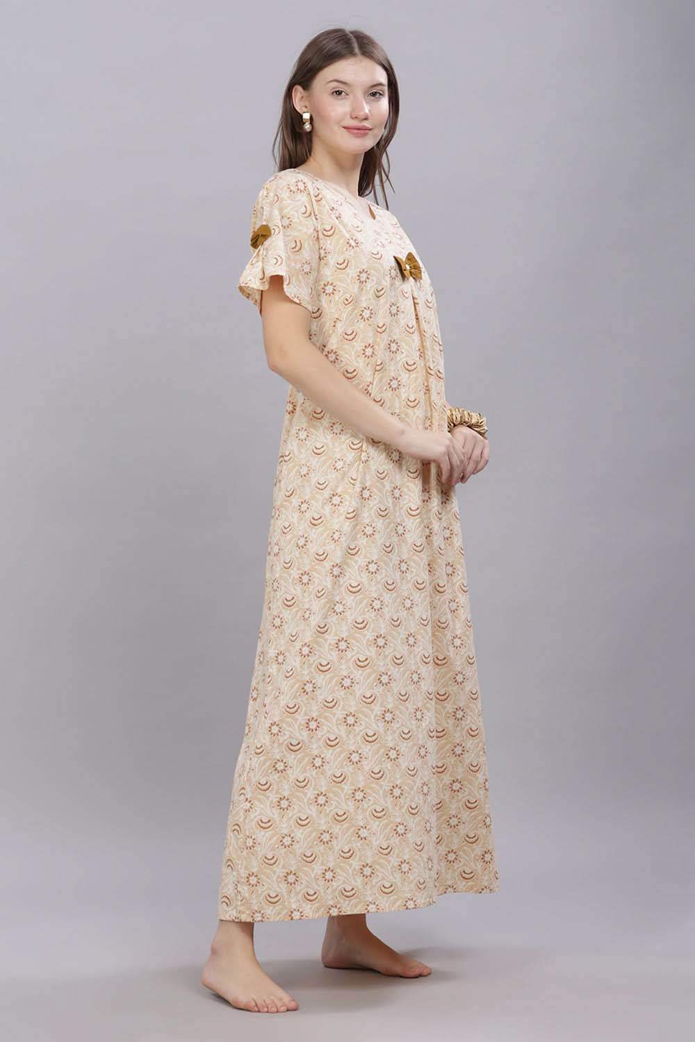 Naidu Hall Round Neck Short Sleeves 100% Cotton Printed with Box pleat Women's Nighty - Cream - T420 - Naidu Hall Family Store