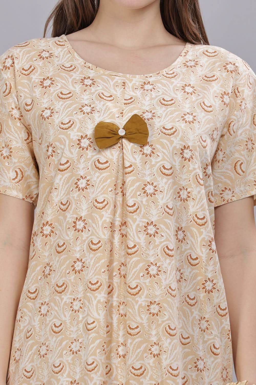 Naidu Hall Round Neck Short Sleeves 100% Cotton Printed with Box pleat Women's Nighty - Cream - T420 - Naidu Hall Family Store