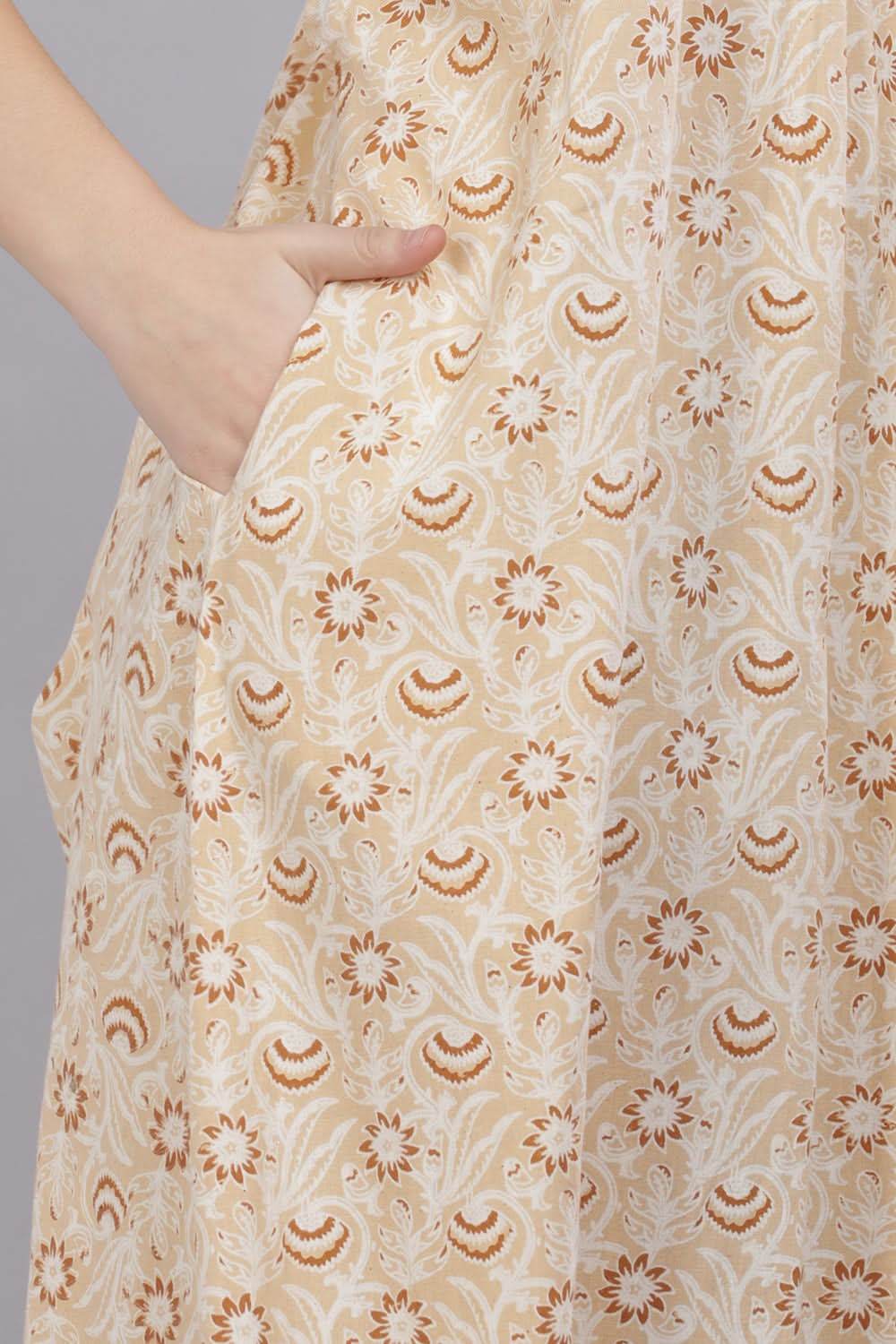 Naidu Hall Round Neck Short Sleeves 100% Cotton Printed with Box pleat Women's Nighty - Cream - T420 - Naidu Hall Family Store