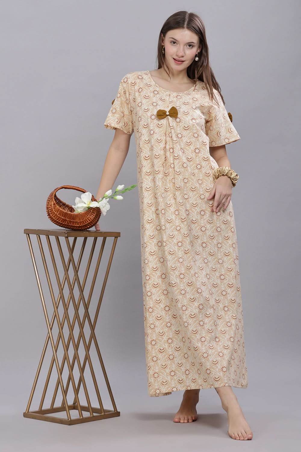 Naidu Hall Round Neck Short Sleeves 100% Cotton Printed with Box pleat Women's Nighty - Cream - T420 - Naidu Hall Family Store
