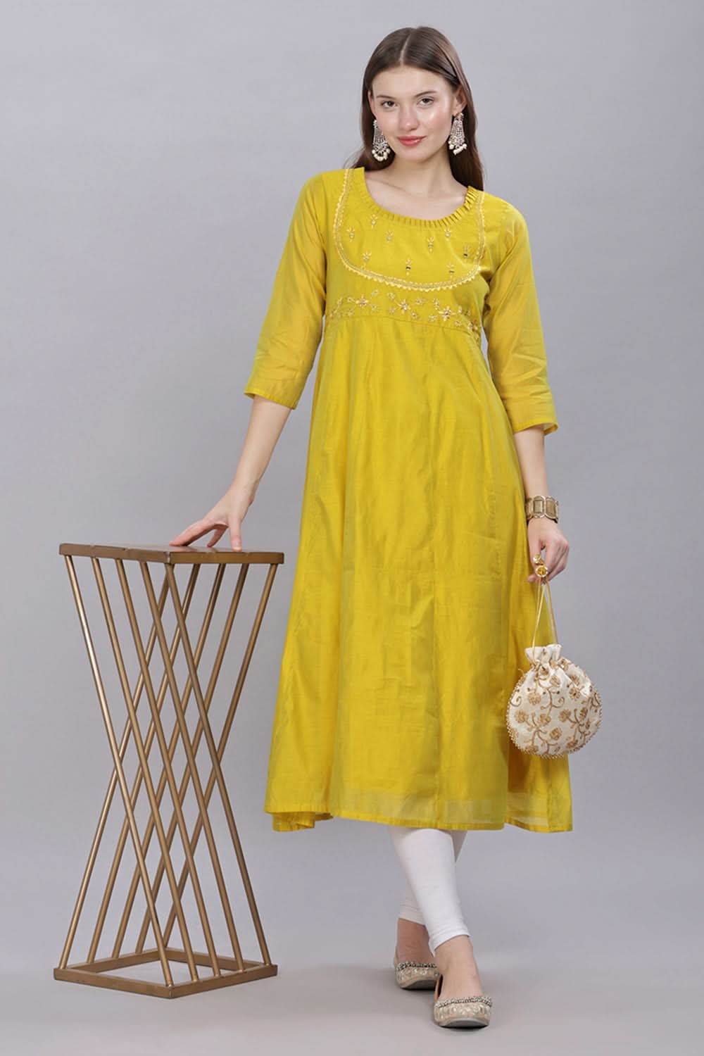 Mythri Round Neck With Pleat Detail Anarkali Cotton Kurta With 3/4 Sleeves - Light Green - KU57 - Naidu Hall Family Store