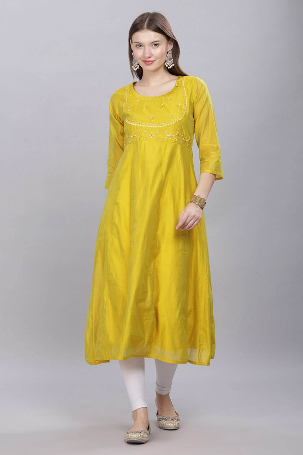 Mythri Round Neck With Pleat Detail Anarkali Cotton Kurta With 3/4 Sleeves - Light Green - KU57 - Naidu Hall Family Store