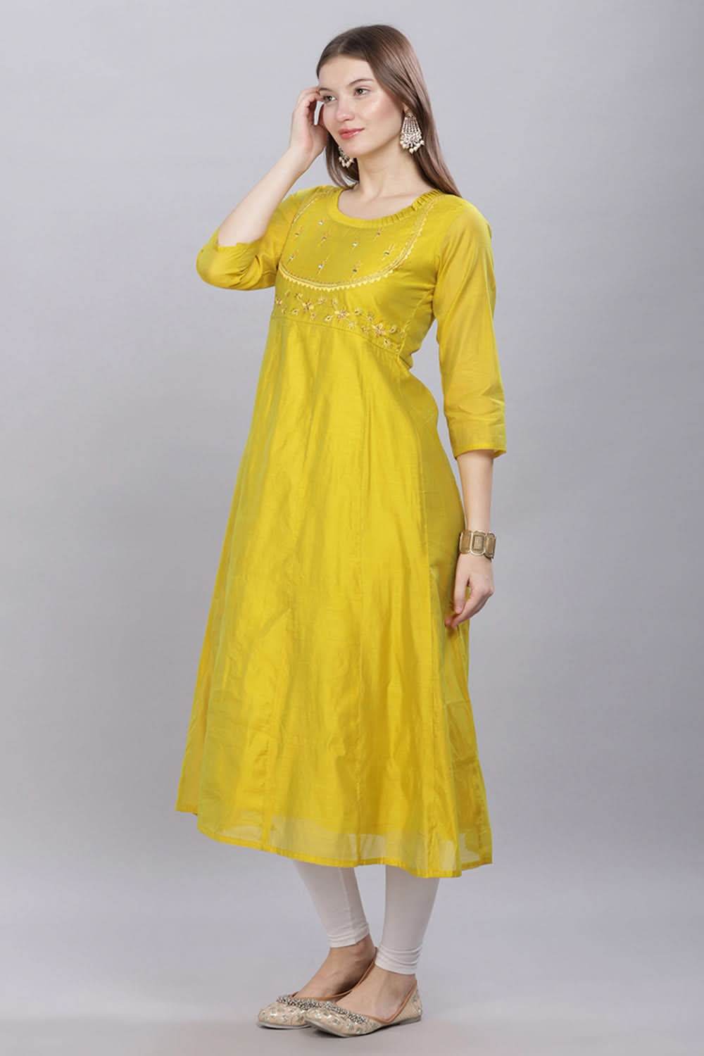 Mythri Round Neck With Pleat Detail Anarkali Cotton Kurta With 3/4 Sleeves - Light Green - KU57 - Naidu Hall Family Store