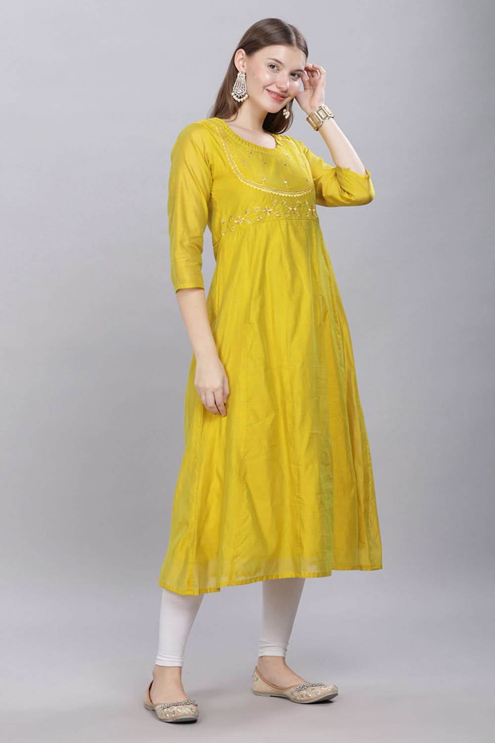Mythri Round Neck With Pleat Detail Anarkali Cotton Kurta With 3/4 Sleeves - Light Green - KU57 - Naidu Hall Family Store
