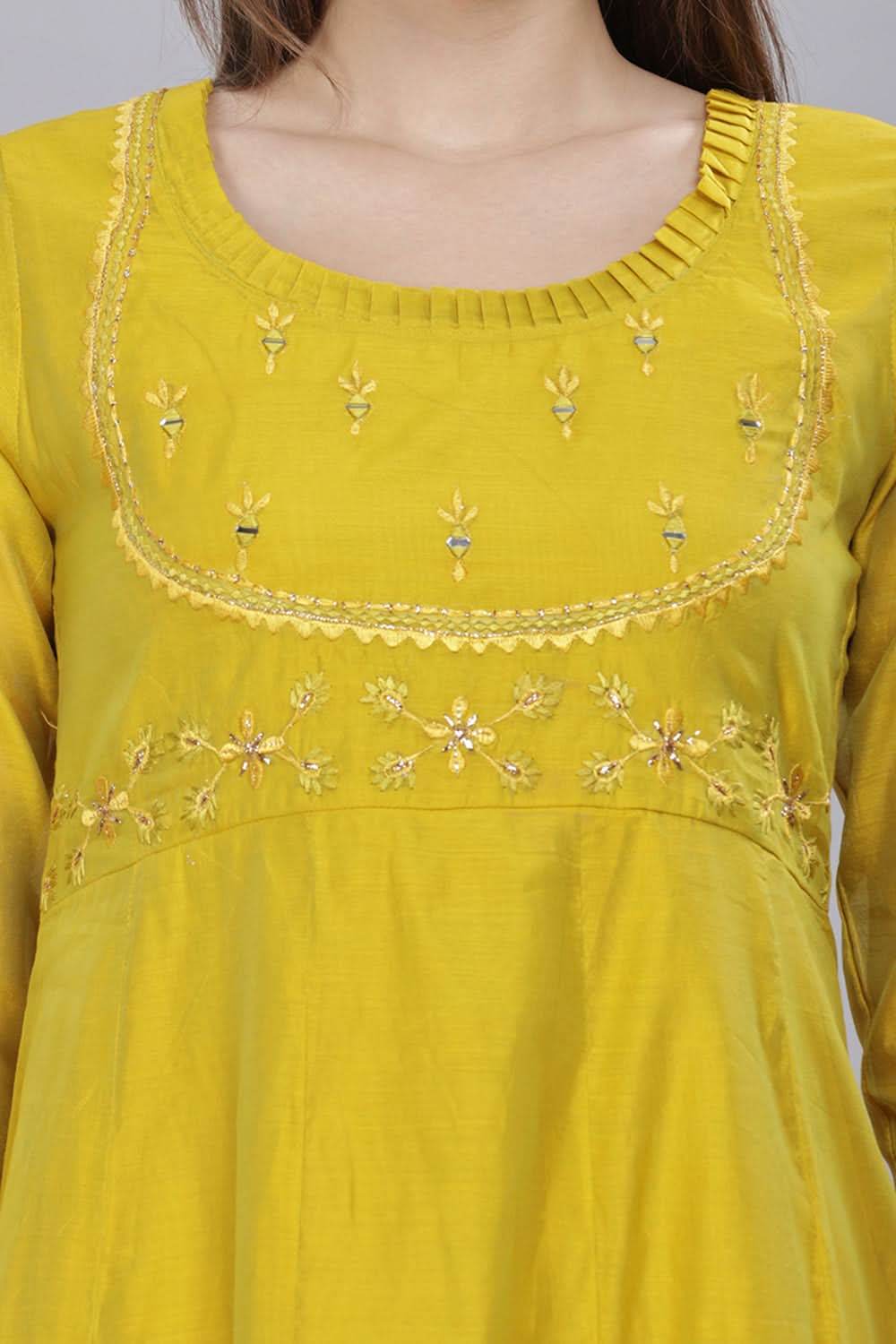Mythri Round Neck With Pleat Detail Anarkali Cotton Kurta With 3/4 Sleeves - Light Green - KU57 - Naidu Hall Family Store