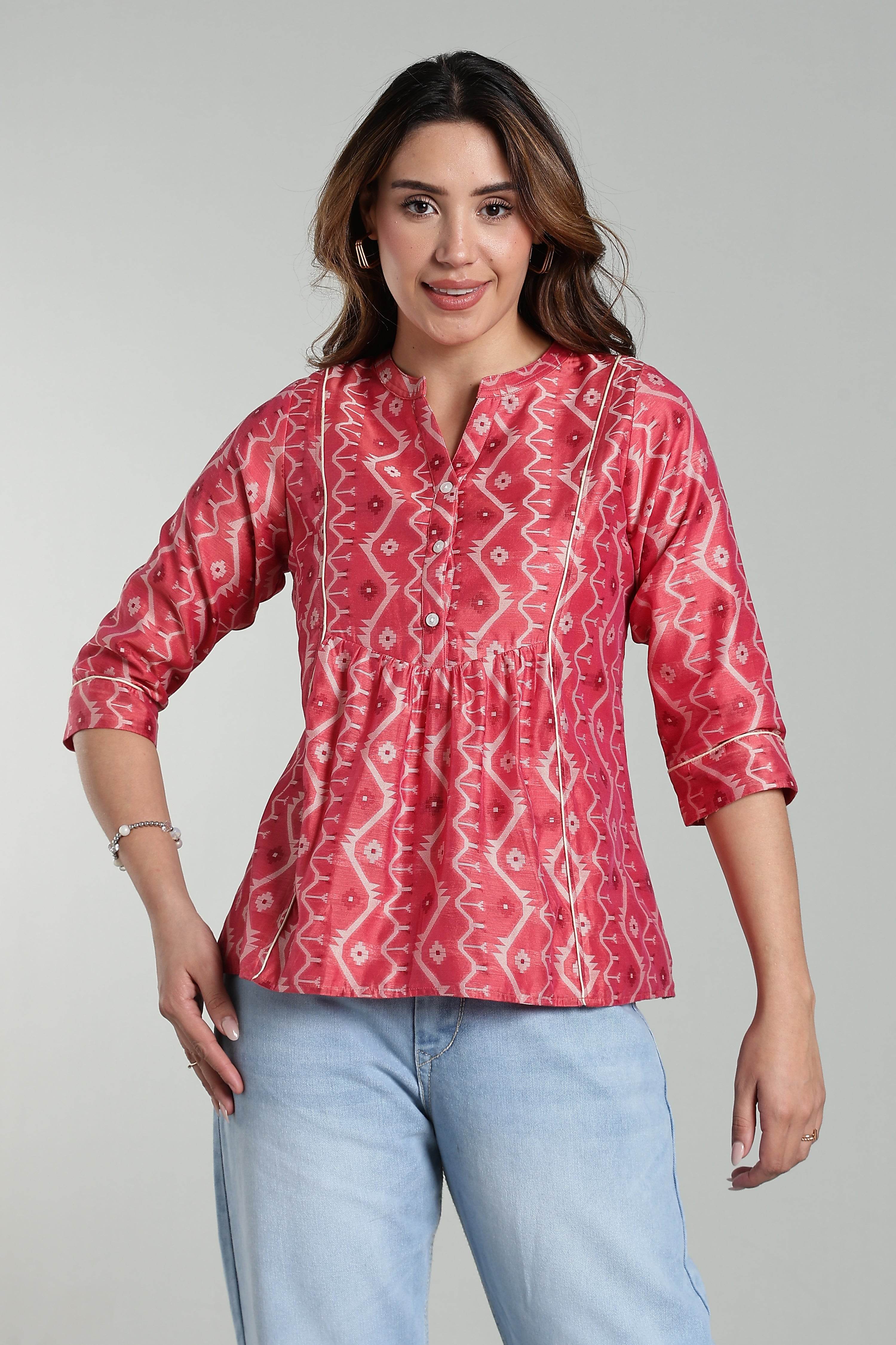 Mythri Women’s Cotton Jamdani Top – Mandarin Collar Ethnic Cotton Top with 3/4 Sleeves & Golden Piping - Peach - TO26 - Naidu Hall Family Store