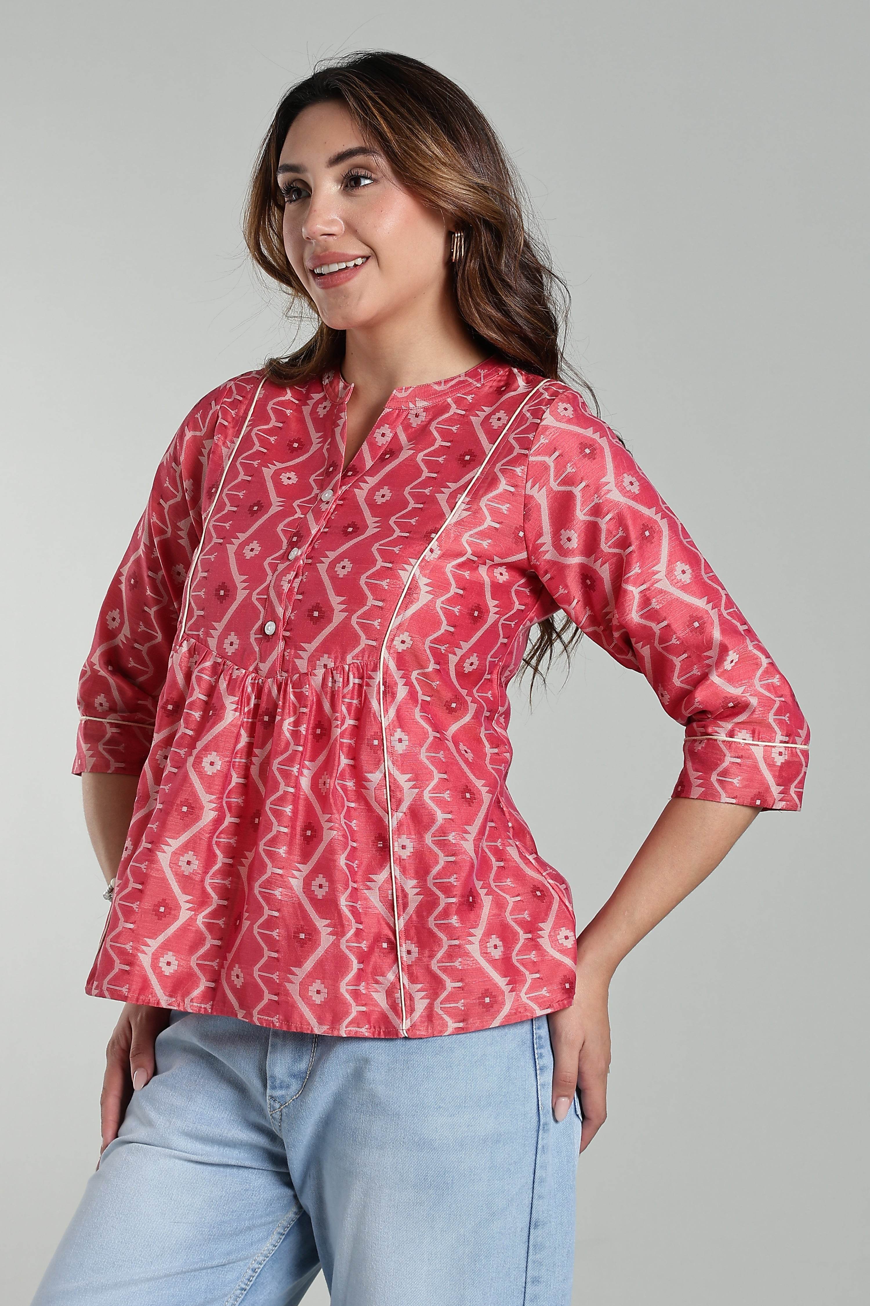 Mythri Women’s Cotton Jamdani Top – Mandarin Collar Ethnic Cotton Top with 3/4 Sleeves & Golden Piping - Peach - TO26 - Naidu Hall Family Store