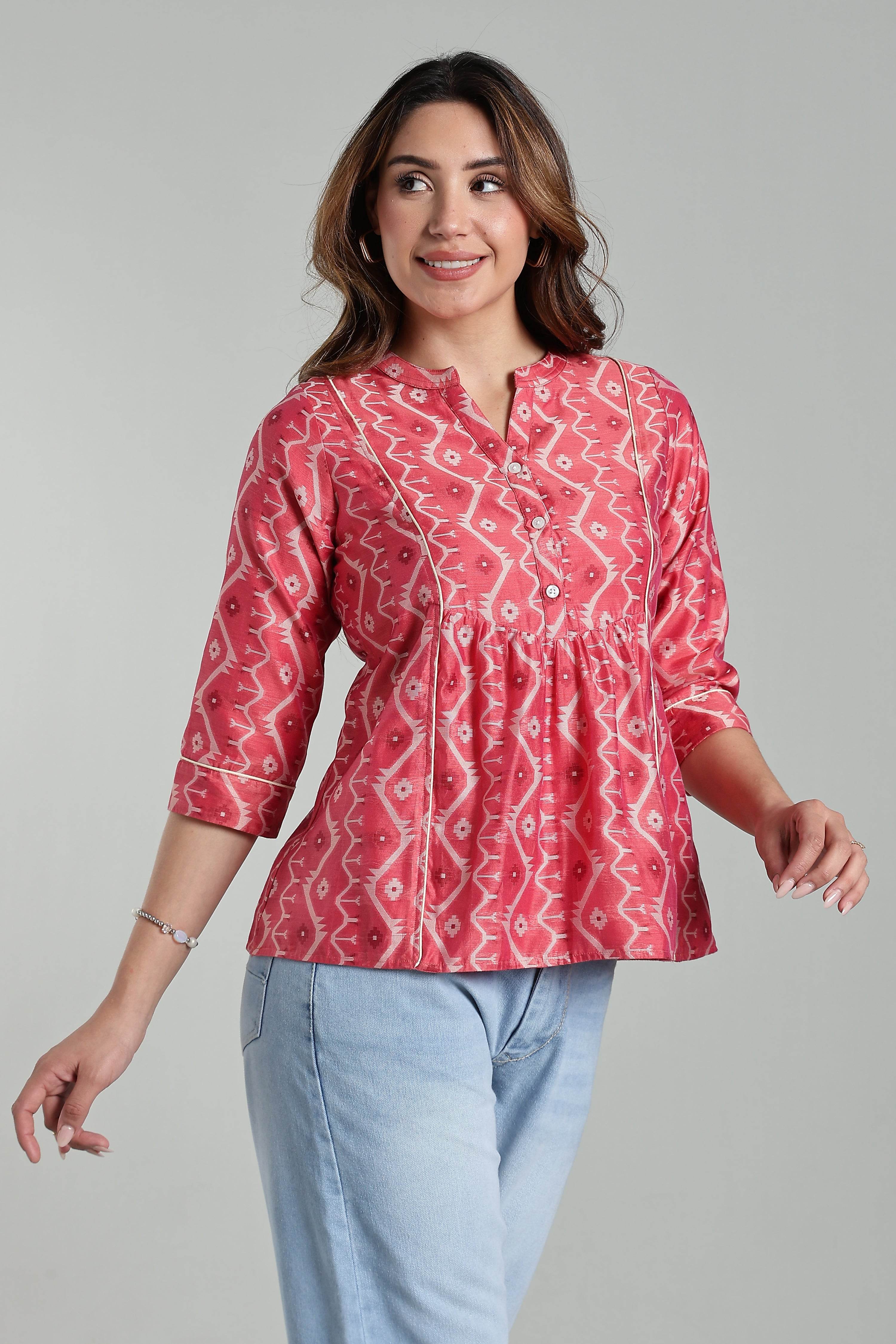 Mythri Women’s Cotton Jamdani Top – Mandarin Collar Ethnic Cotton Top with 3/4 Sleeves & Golden Piping - Peach - TO26 - Naidu Hall Family Store
