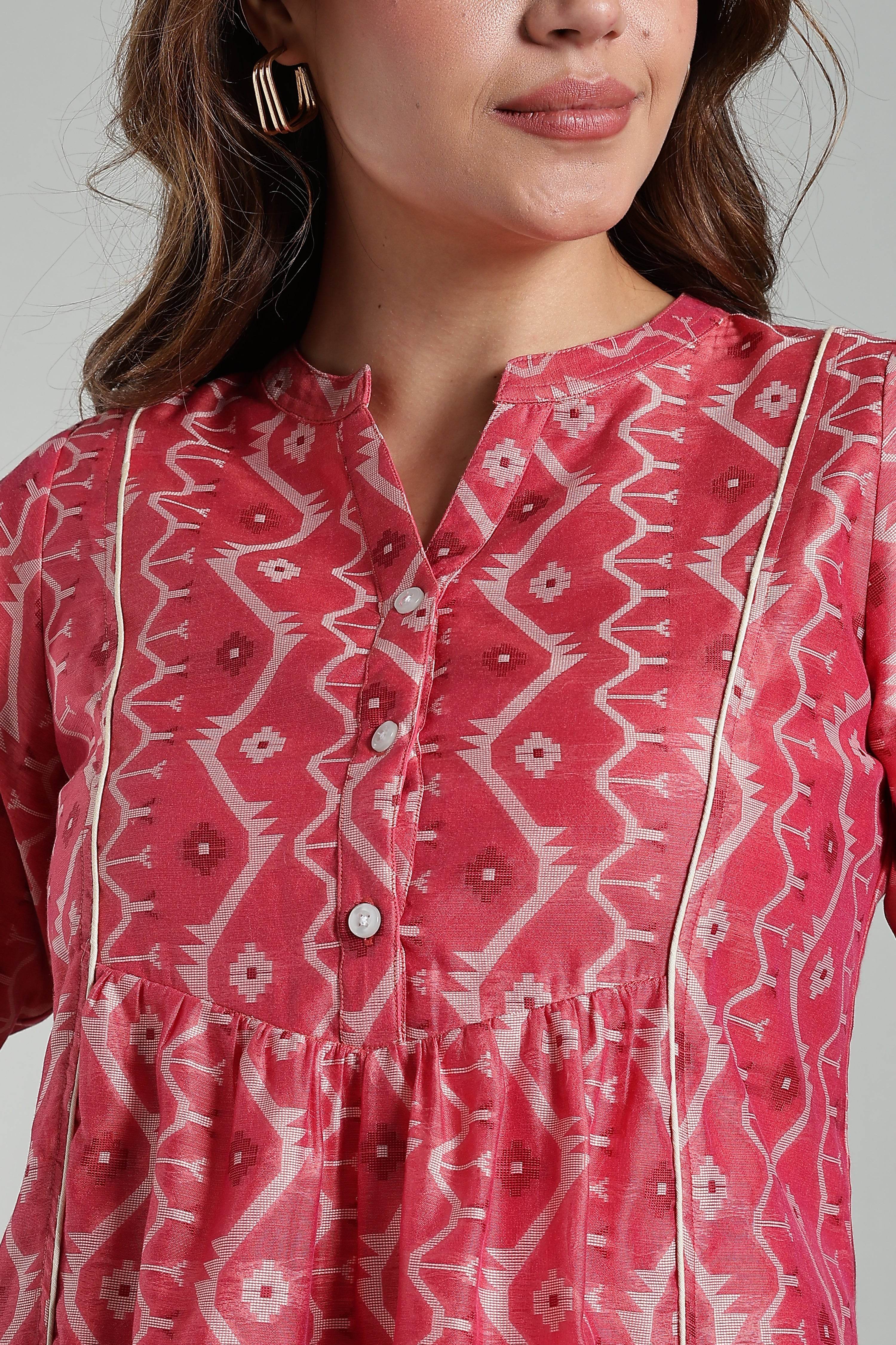 Mythri Women’s Cotton Jamdani Top – Mandarin Collar Ethnic Cotton Top with 3/4 Sleeves & Golden Piping - Peach - TO26 - Naidu Hall Family Store