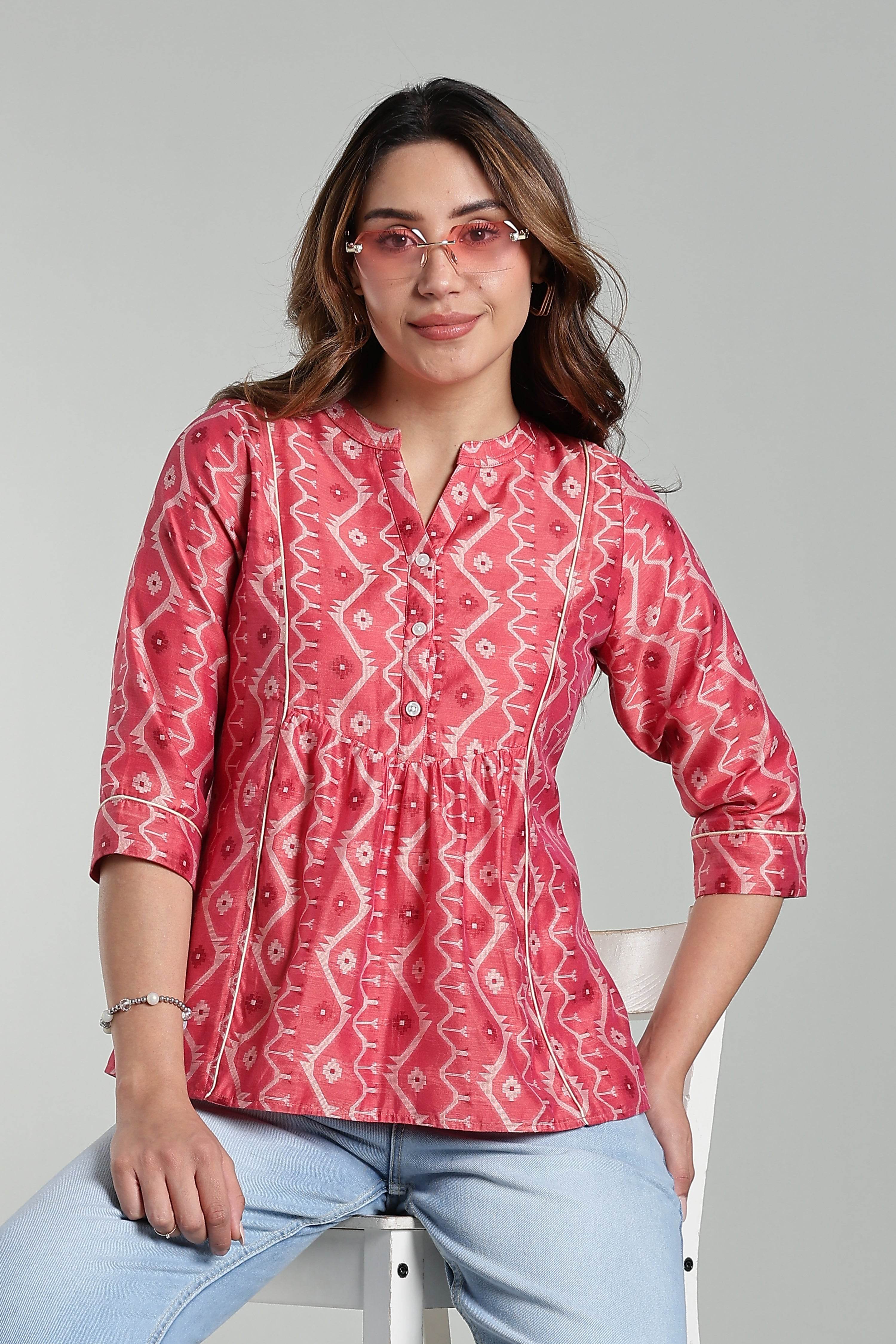 Mythri Women’s Cotton Jamdani Top – Mandarin Collar Ethnic Cotton Top with 3/4 Sleeves & Golden Piping - Peach - TO26 - Naidu Hall Family Store