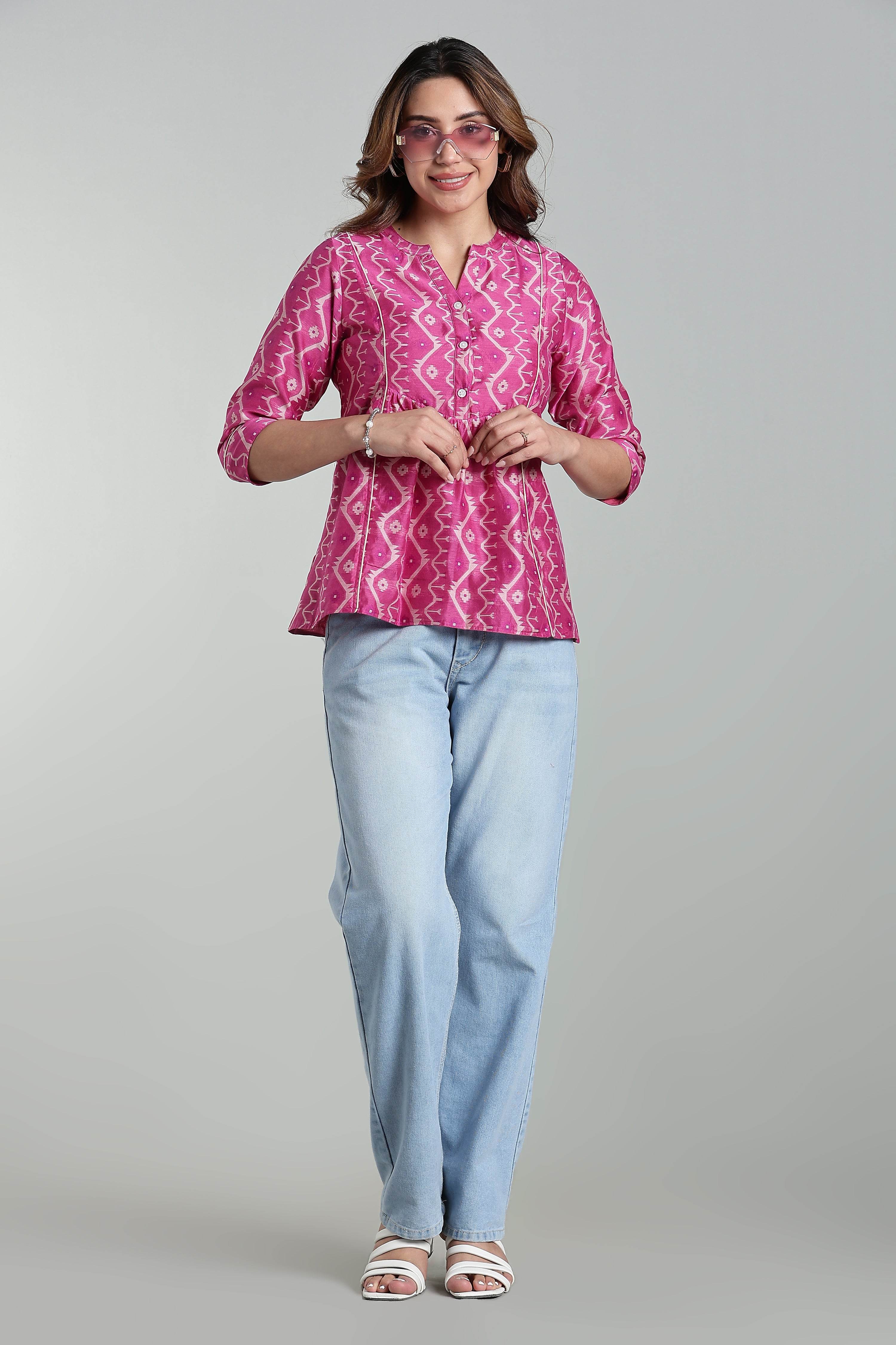 Mythri Women’s Cotton Jamdani Top – Mandarin Collar Ethnic Cotton Top with 3/4 Sleeves & Golden Piping - Pink - TO26 - Naidu Hall Family Store