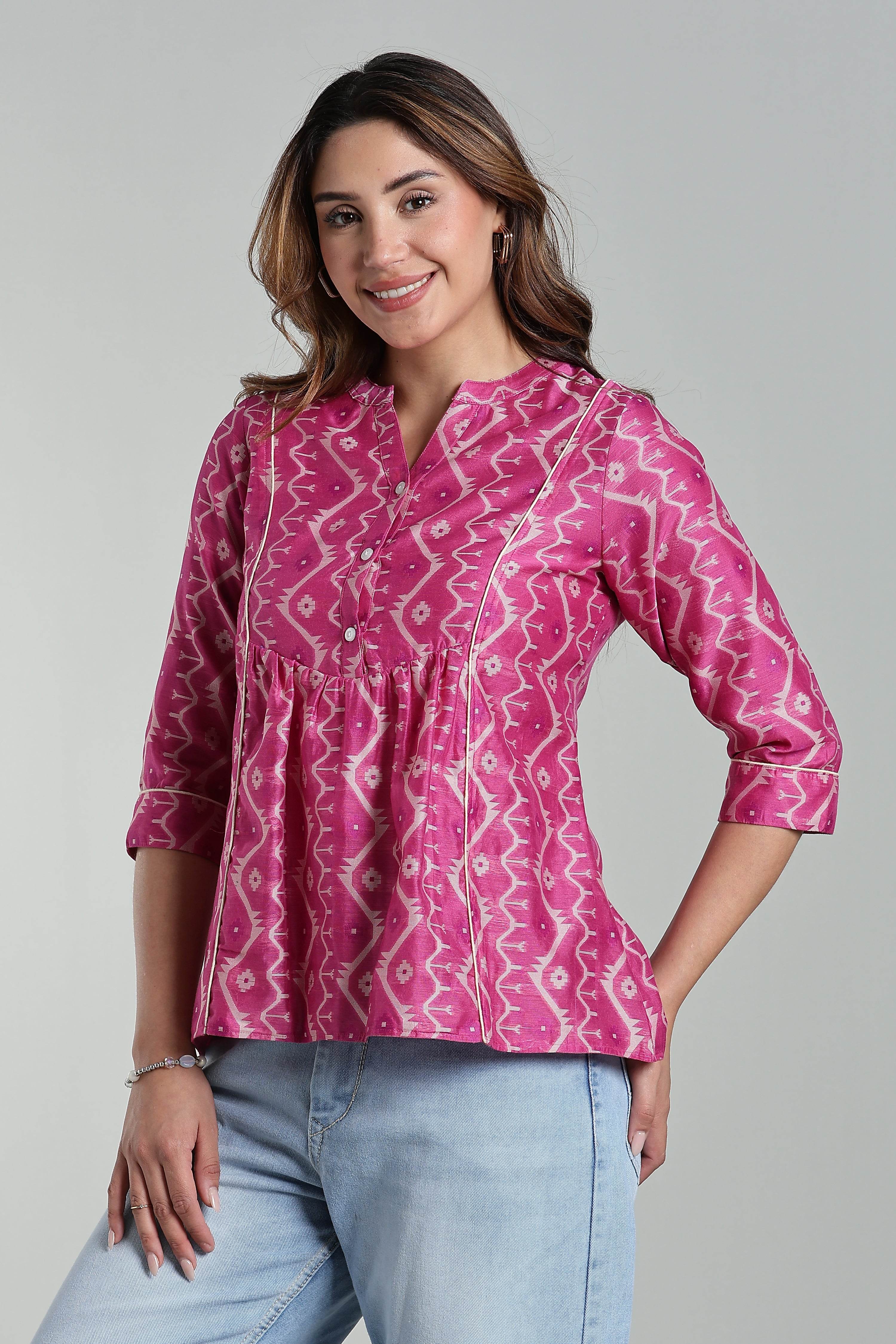 Mythri Women’s Cotton Jamdani Top – Mandarin Collar Ethnic Cotton Top with 3/4 Sleeves & Golden Piping - Pink - TO26 - Naidu Hall Family Store
