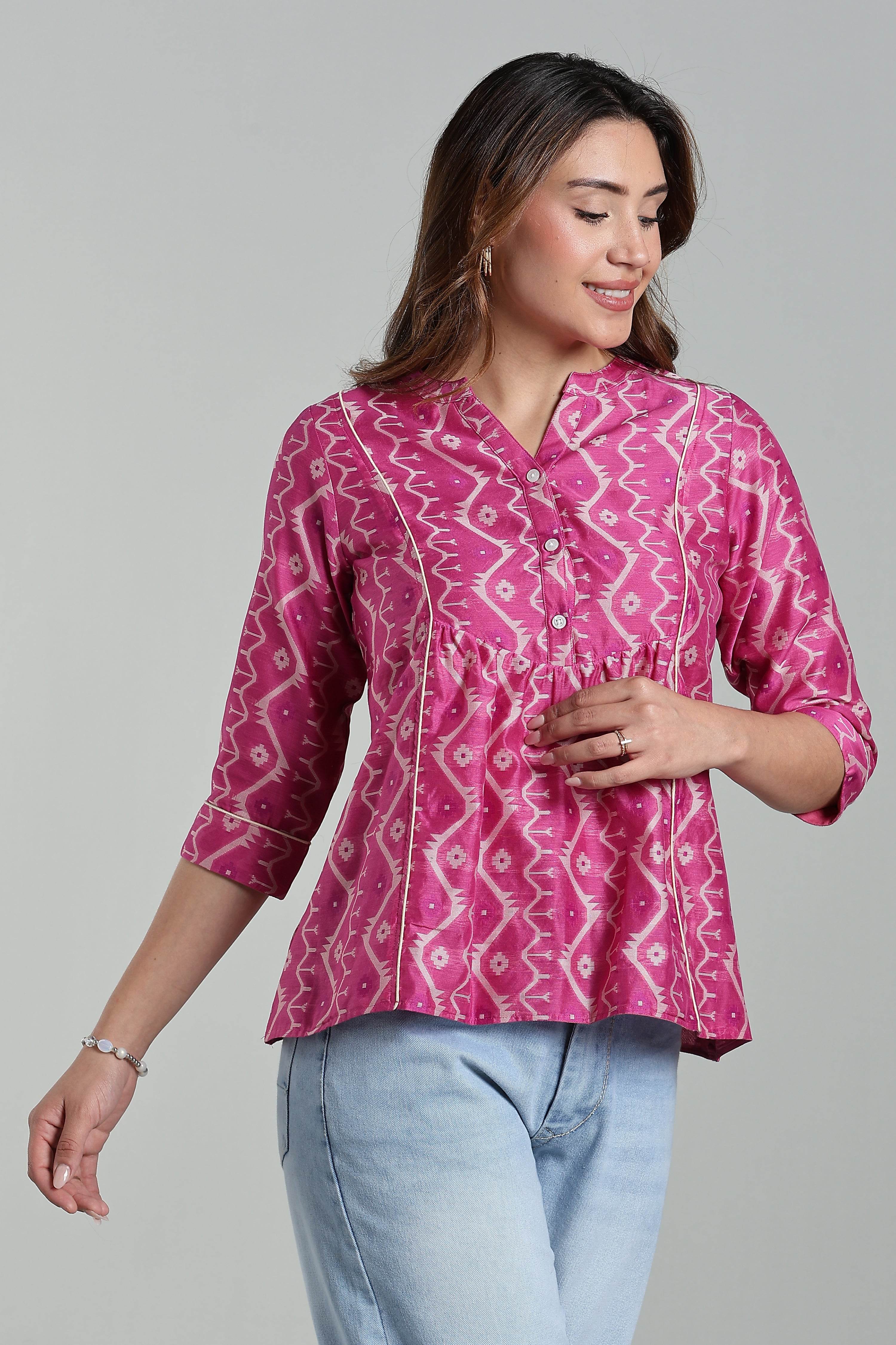 Mythri Women’s Cotton Jamdani Top – Mandarin Collar Ethnic Cotton Top with 3/4 Sleeves & Golden Piping - Pink - TO26 - Naidu Hall Family Store