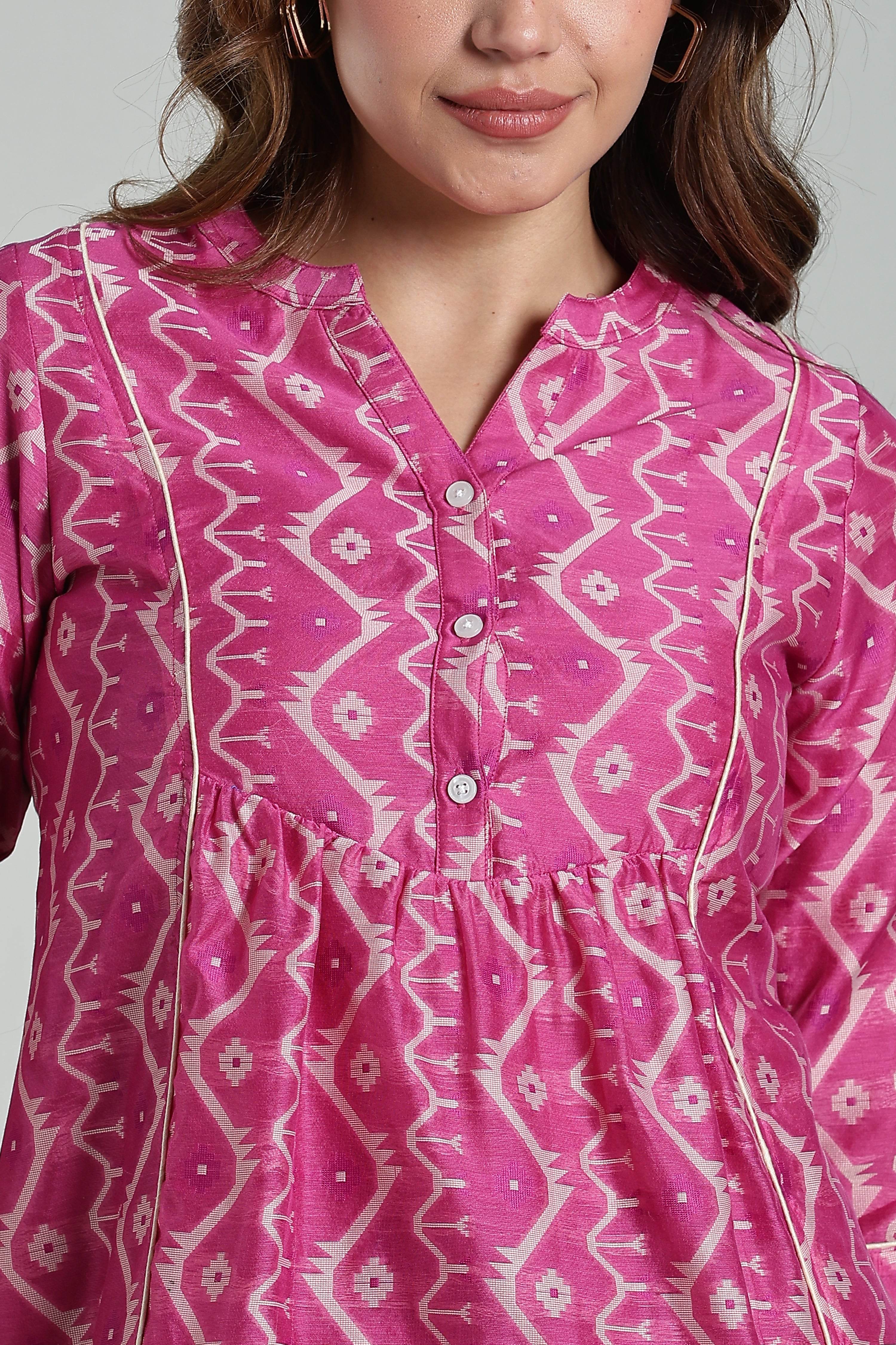 Mythri Women’s Cotton Jamdani Top – Mandarin Collar Ethnic Cotton Top with 3/4 Sleeves & Golden Piping - Pink - TO26 - Naidu Hall Family Store
