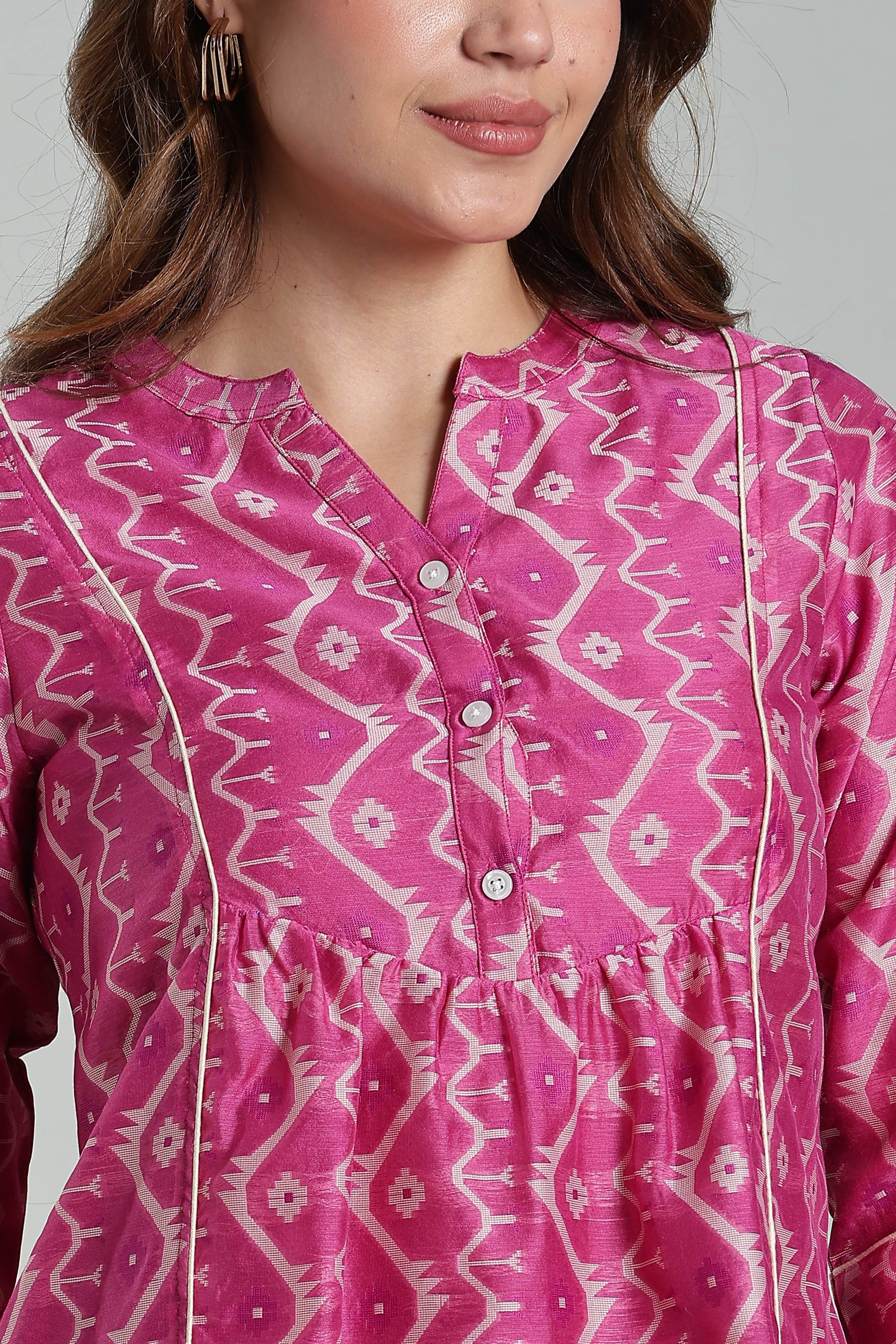 Mythri Women’s Cotton Jamdani Top – Mandarin Collar Ethnic Cotton Top with 3/4 Sleeves & Golden Piping - Pink - TO26 - Naidu Hall Family Store