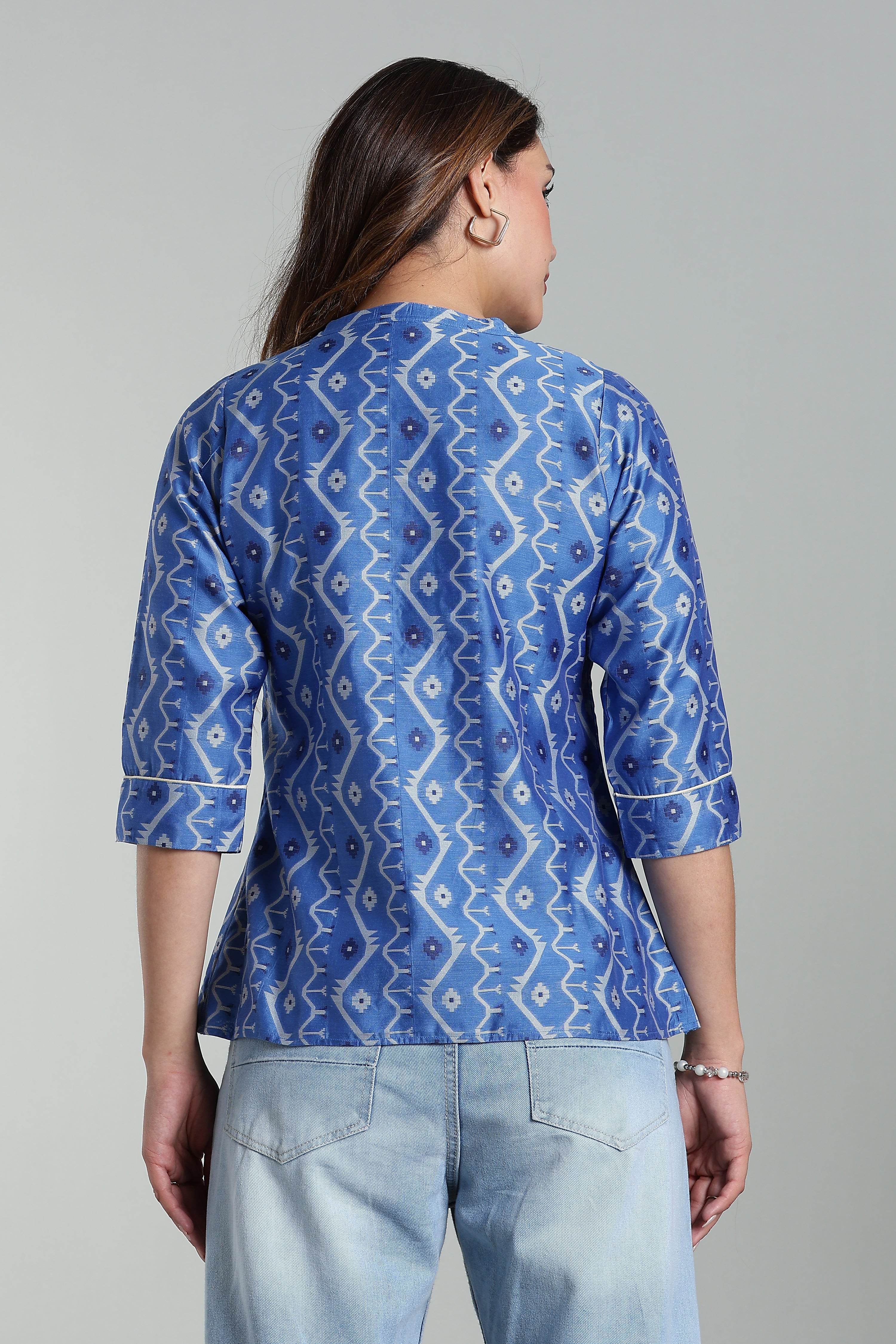 Mythri Women’s Cotton Jamdani Top – Mandarin Collar Ethnic Cotton Top with 3/4 Sleeves & Golden Piping - Blue - TO26 - Naidu Hall Family Store